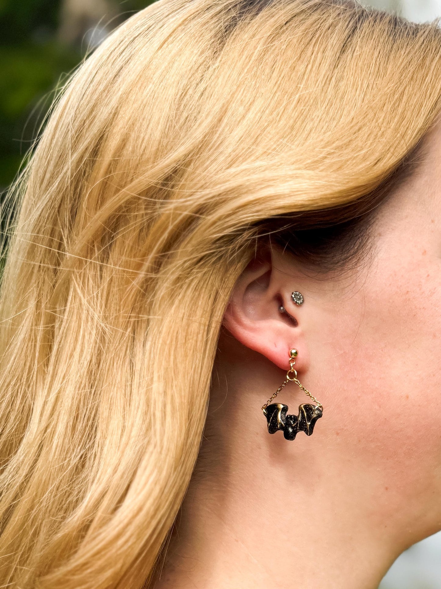 Halloween Earrings, Clay Earrings – Black Bat Chain Dangles in Resin & Gold | Spooky Fall Gift