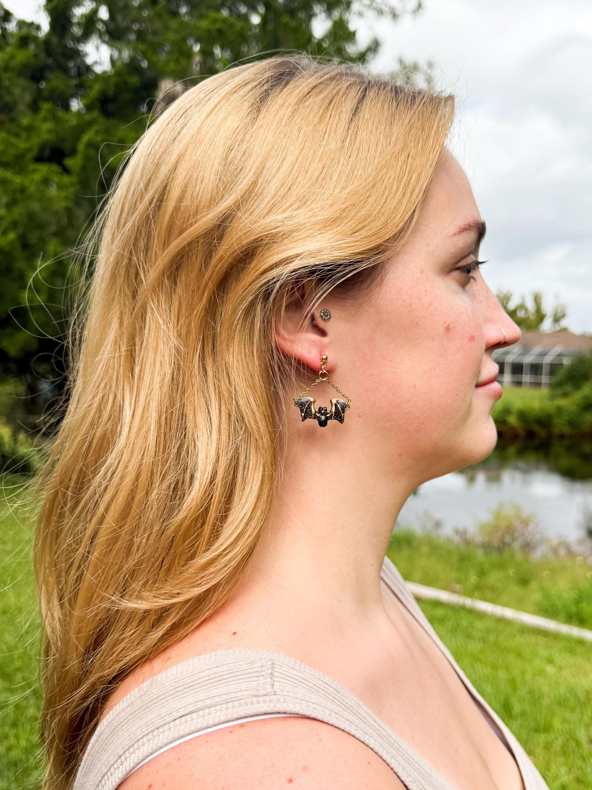 Halloween Earrings, Clay Earrings – Black Bat Chain Dangles in Resin & Gold | Spooky Fall Gift