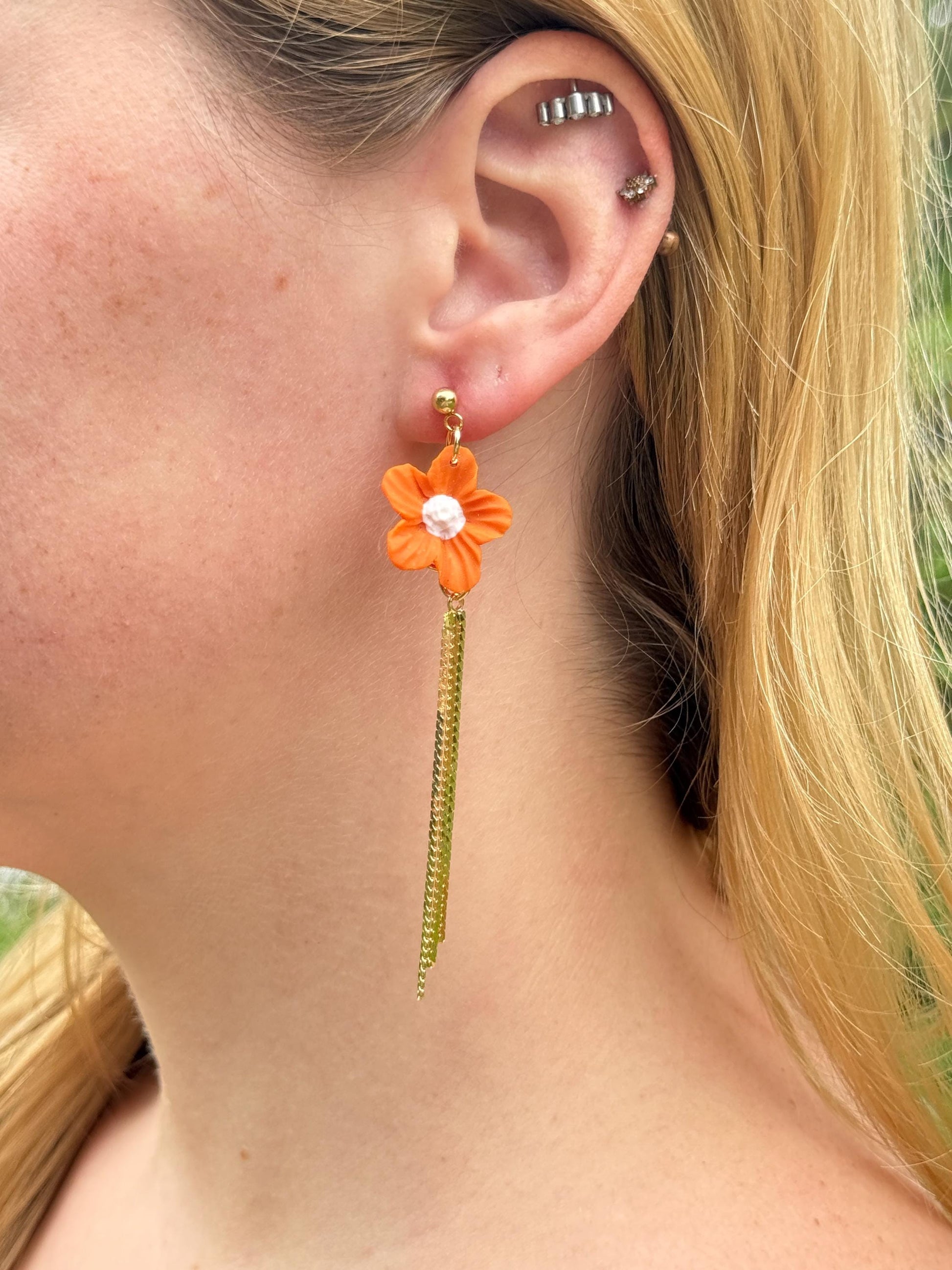 Flower Earrings, Clay Earrings – Orange Floral Dangles with Gold Bars | Asymmetrical Fall Jewelry Gif