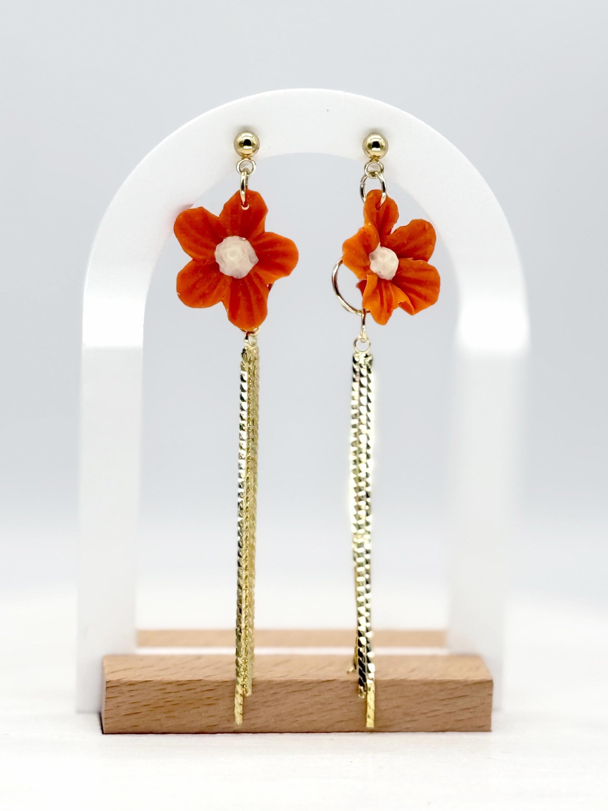 Flower Earrings, Clay Earrings – Orange Floral Dangles with Gold Bars | Asymmetrical Fall Jewelry Gif