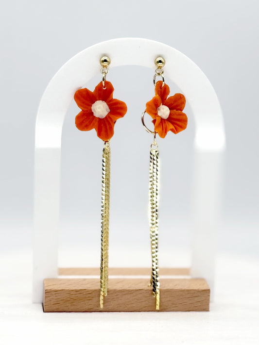 Flower Earrings, Clay Earrings – Orange Floral Dangles with Gold Bars | Asymmetrical Fall Jewelry Gif