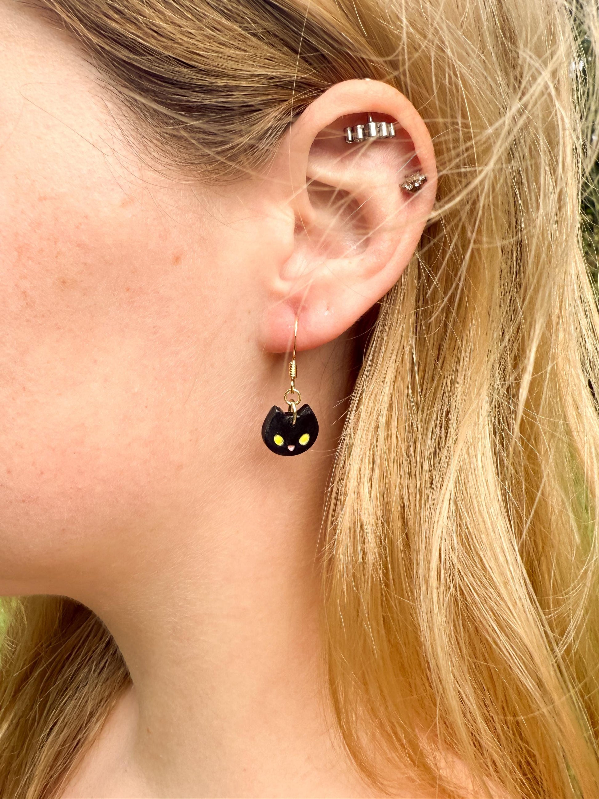 Kawaii Earrings, Whimsical Earrings – Black Cat Halloween Polymer Clay Dangles