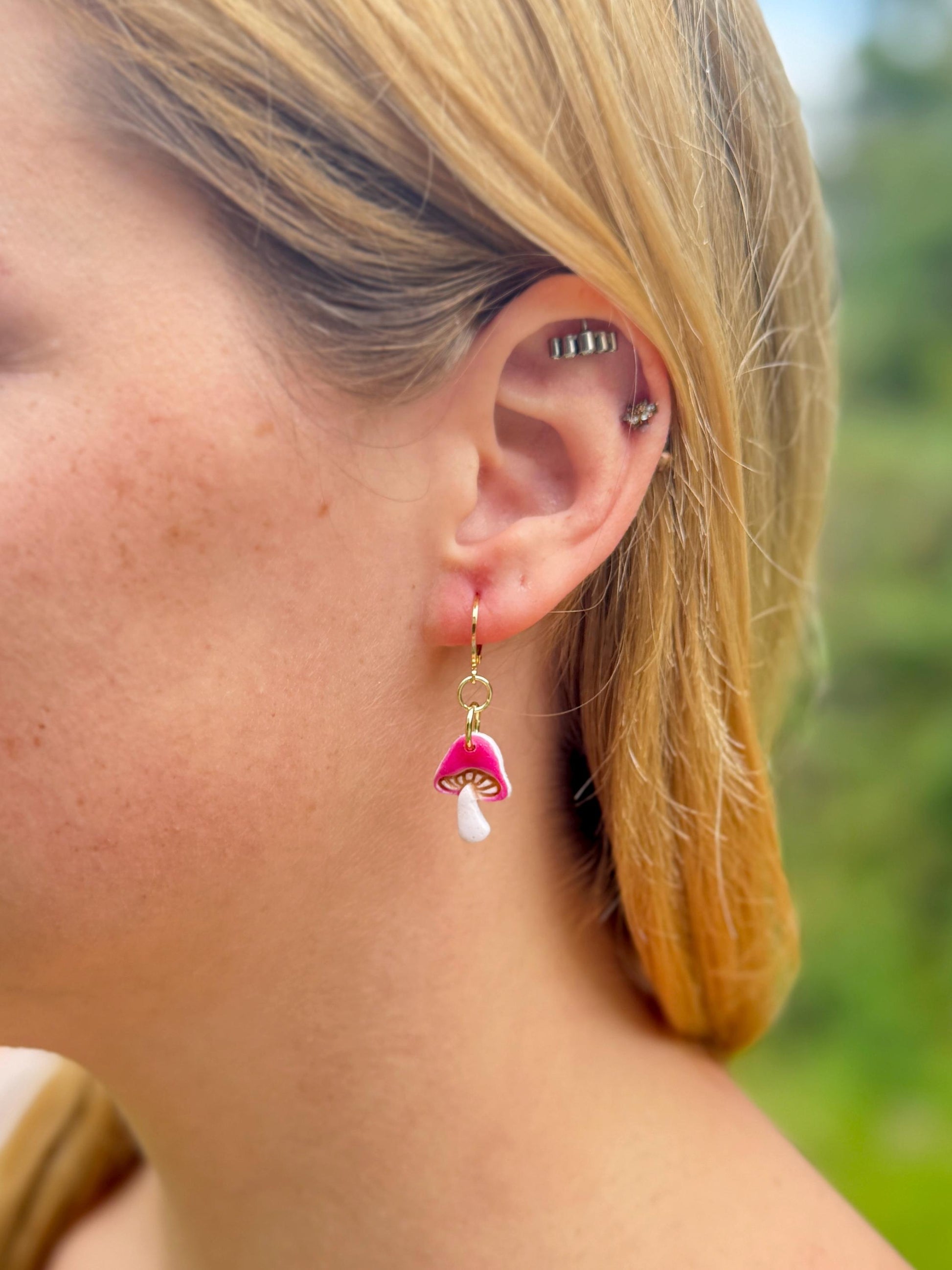 Mushroom Earrings, Whimsical Earrings – Pink Toadstool Polymer Clay Dangles on Gold Hoops
