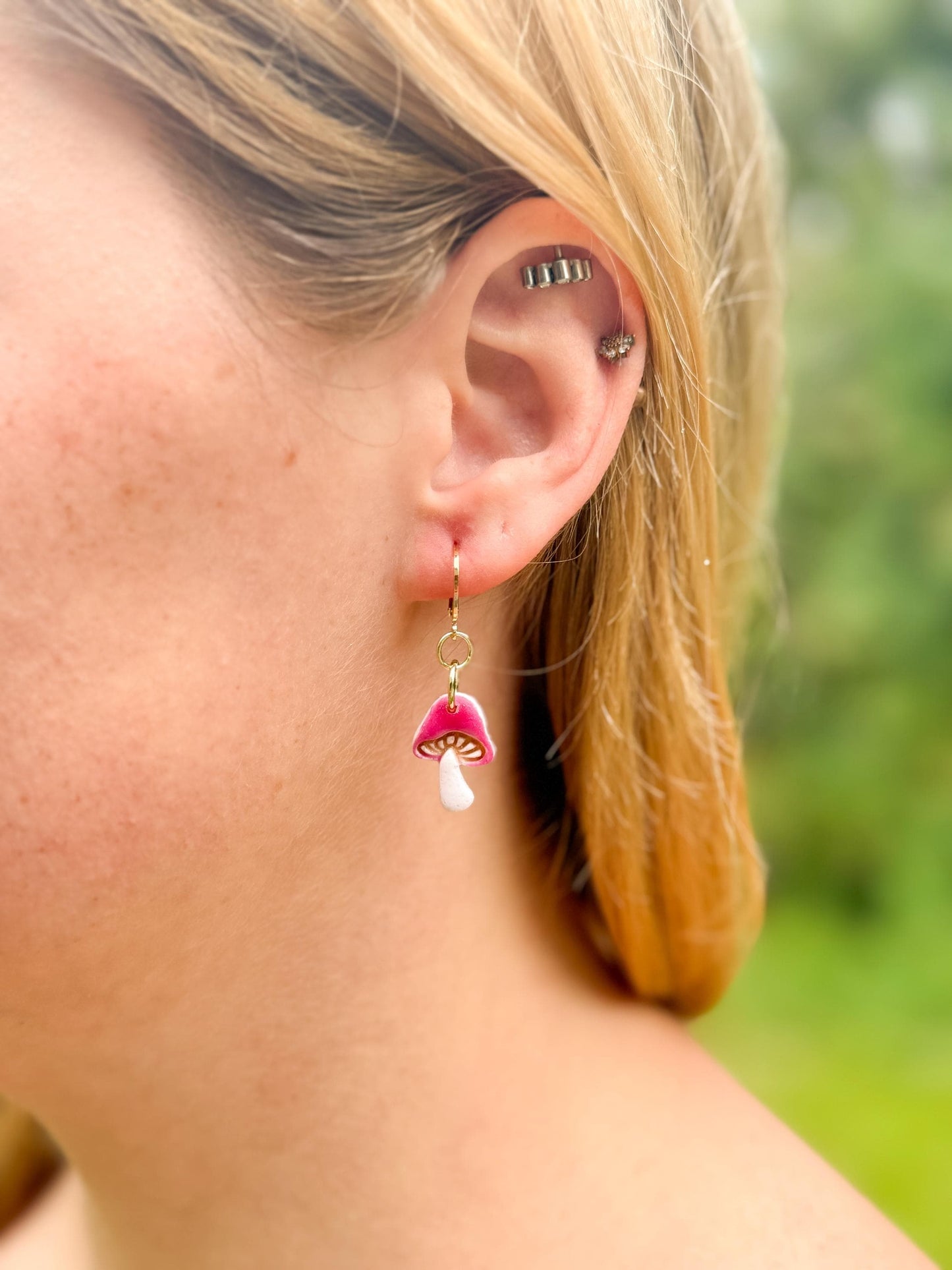Mushroom Earrings, Whimsical Earrings – Pink Toadstool Polymer Clay Dangles on Gold Hoops