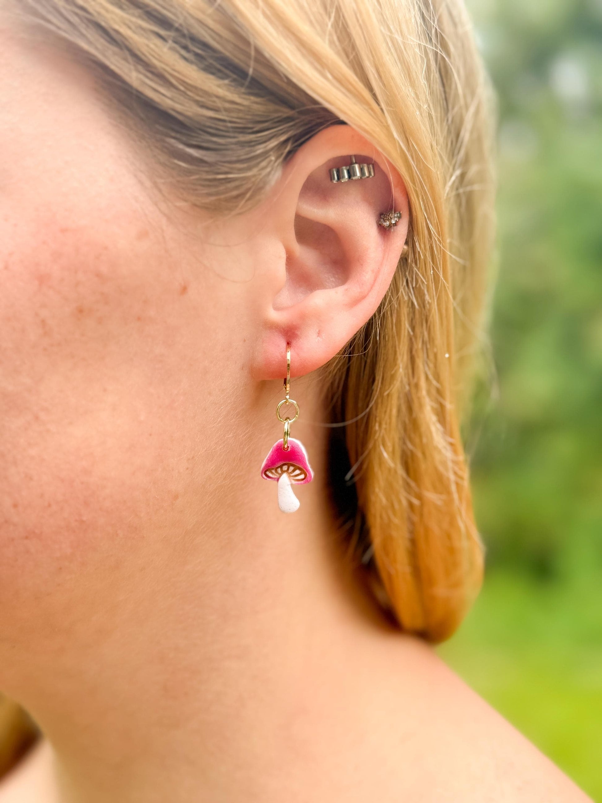 Mushroom Earrings, Whimsical Earrings – Pink Toadstool Polymer Clay Dangles on Gold Hoops