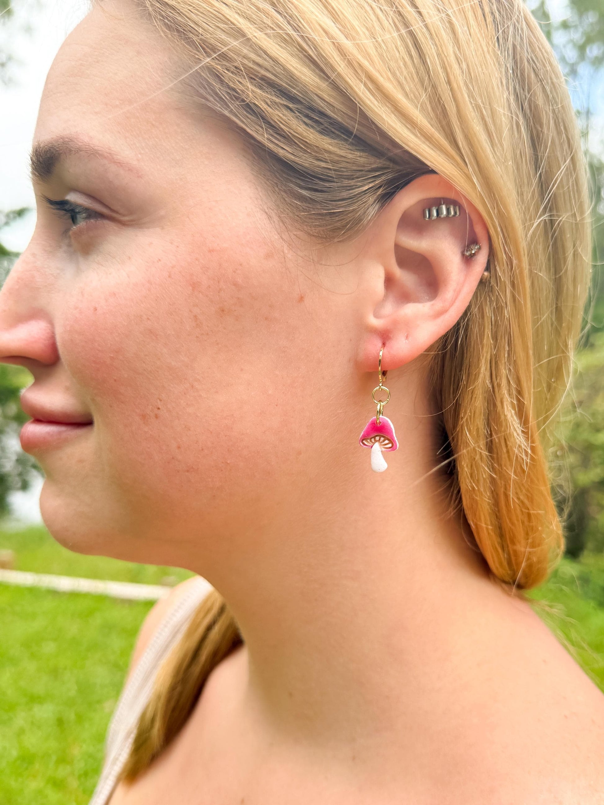 Mushroom Earrings, Whimsical Earrings – Pink Toadstool Polymer Clay Dangles on Gold Hoops