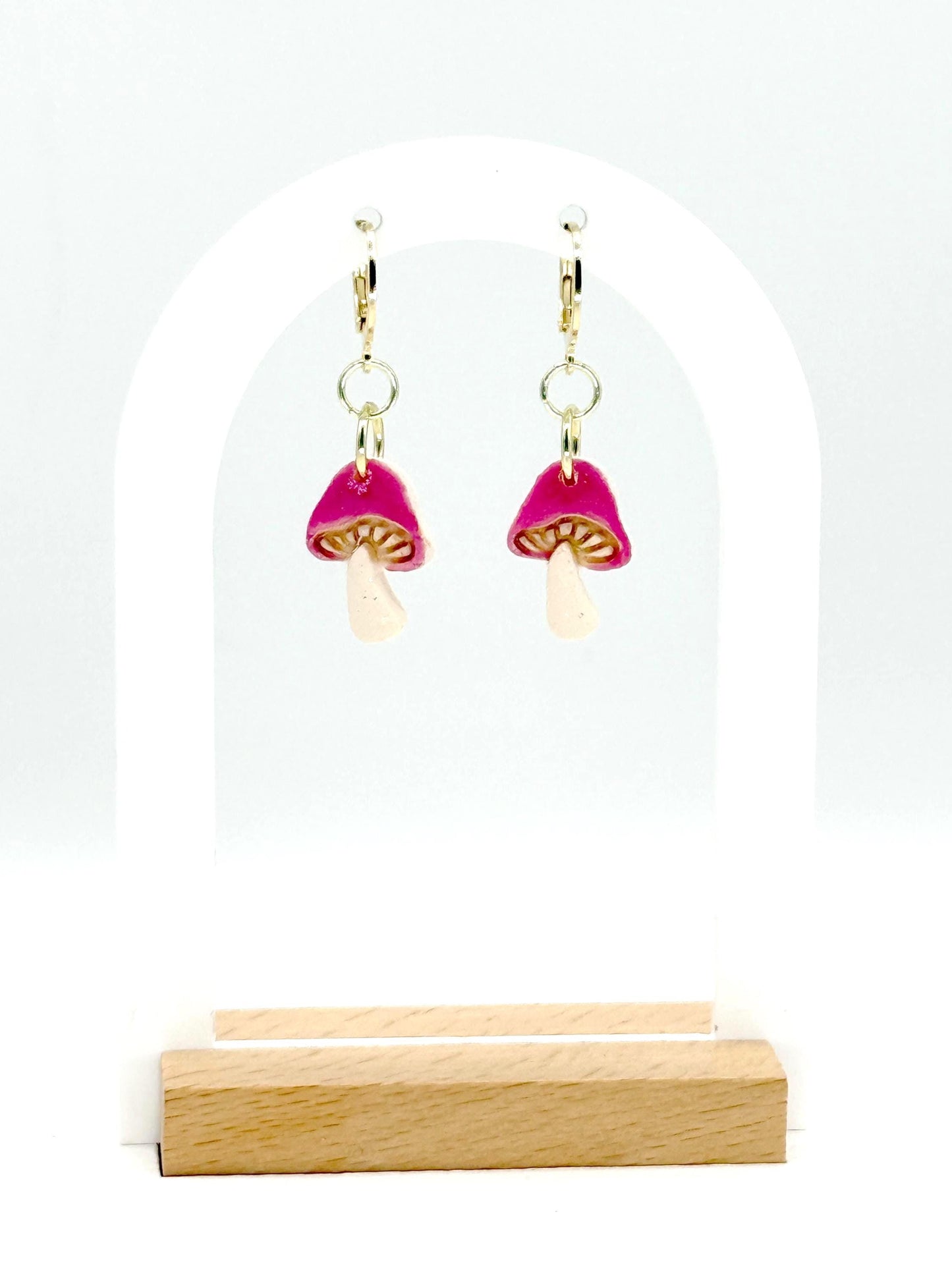 Mushroom Earrings, Whimsical Earrings – Pink Toadstool Polymer Clay Dangles on Gold Hoops