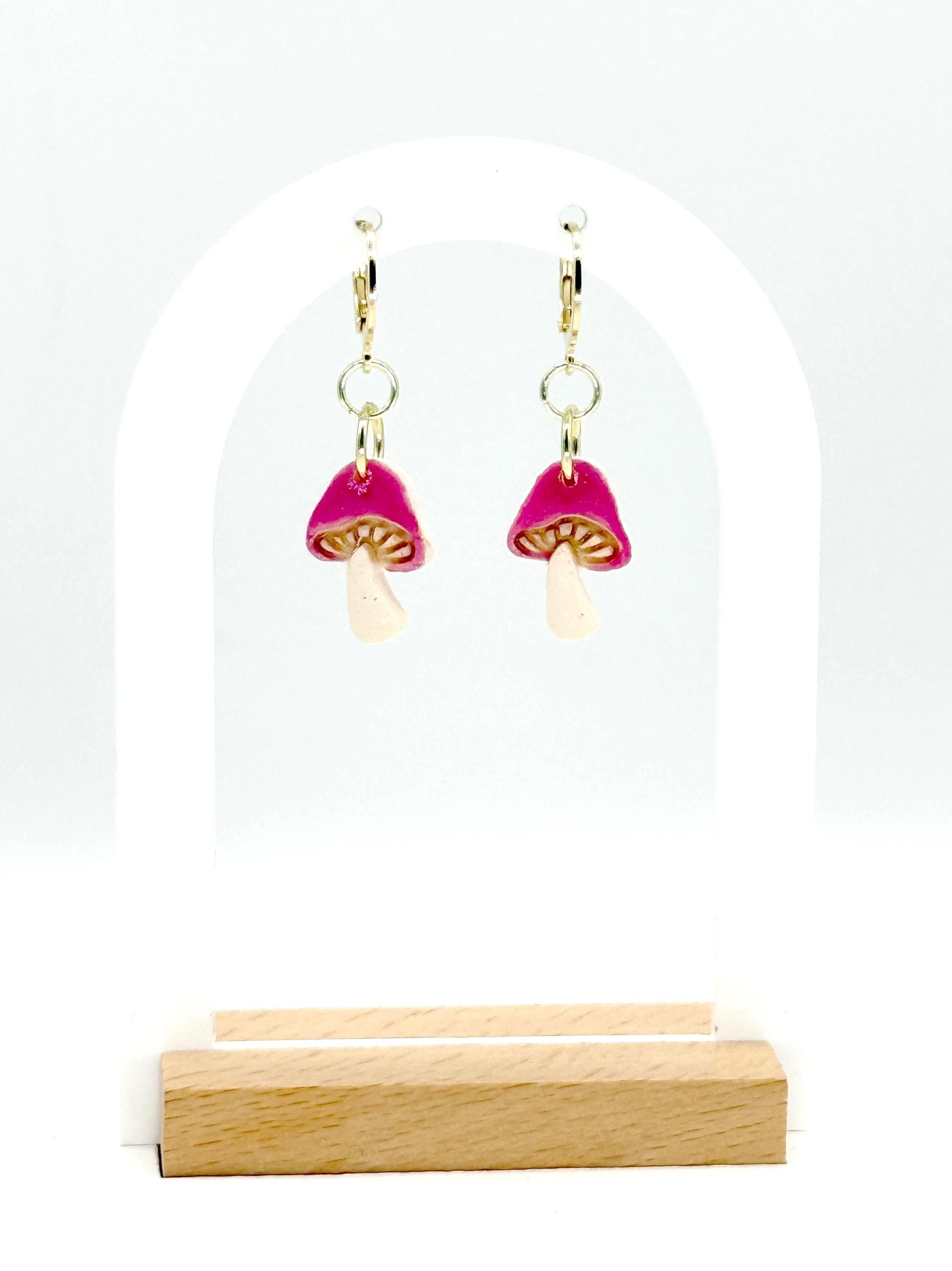 Mushroom Earrings, Whimsical Earrings – Pink Toadstool Polymer Clay Dangles on Gold Hoops