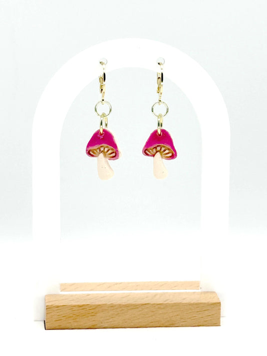 Mushroom Earrings, Whimsical Earrings – Pink Toadstool Polymer Clay Dangles on Gold Hoops