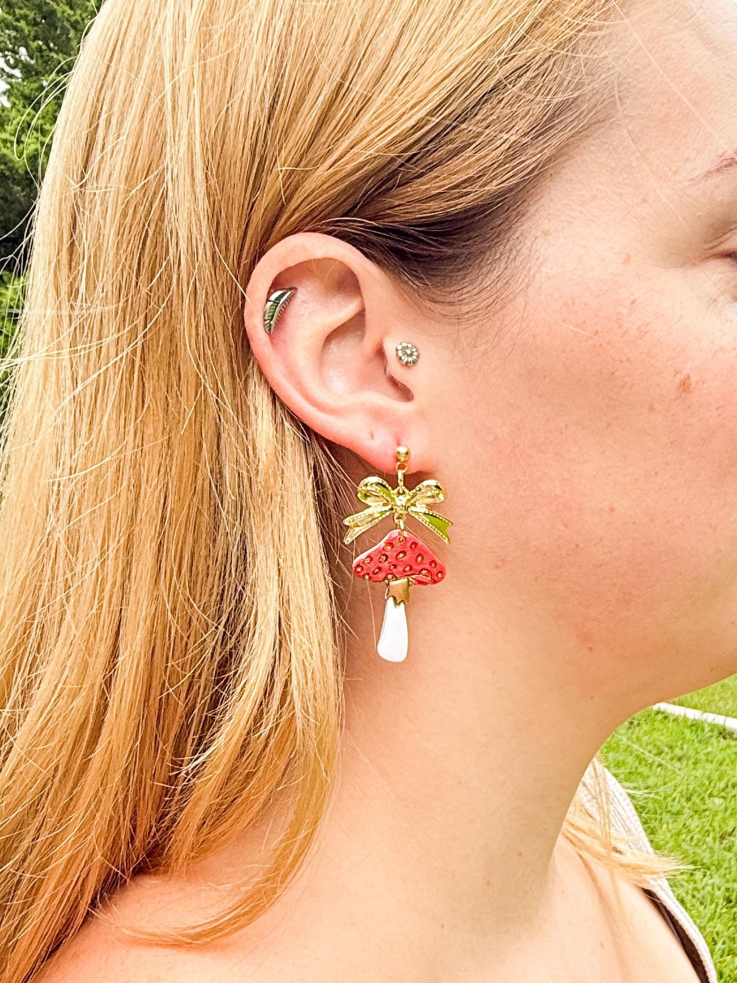 Mushroom Earrings, Whimsical Earrings — Red Toadstool Dangles with Gold Bows | Clay & Resin Fall Jewelry