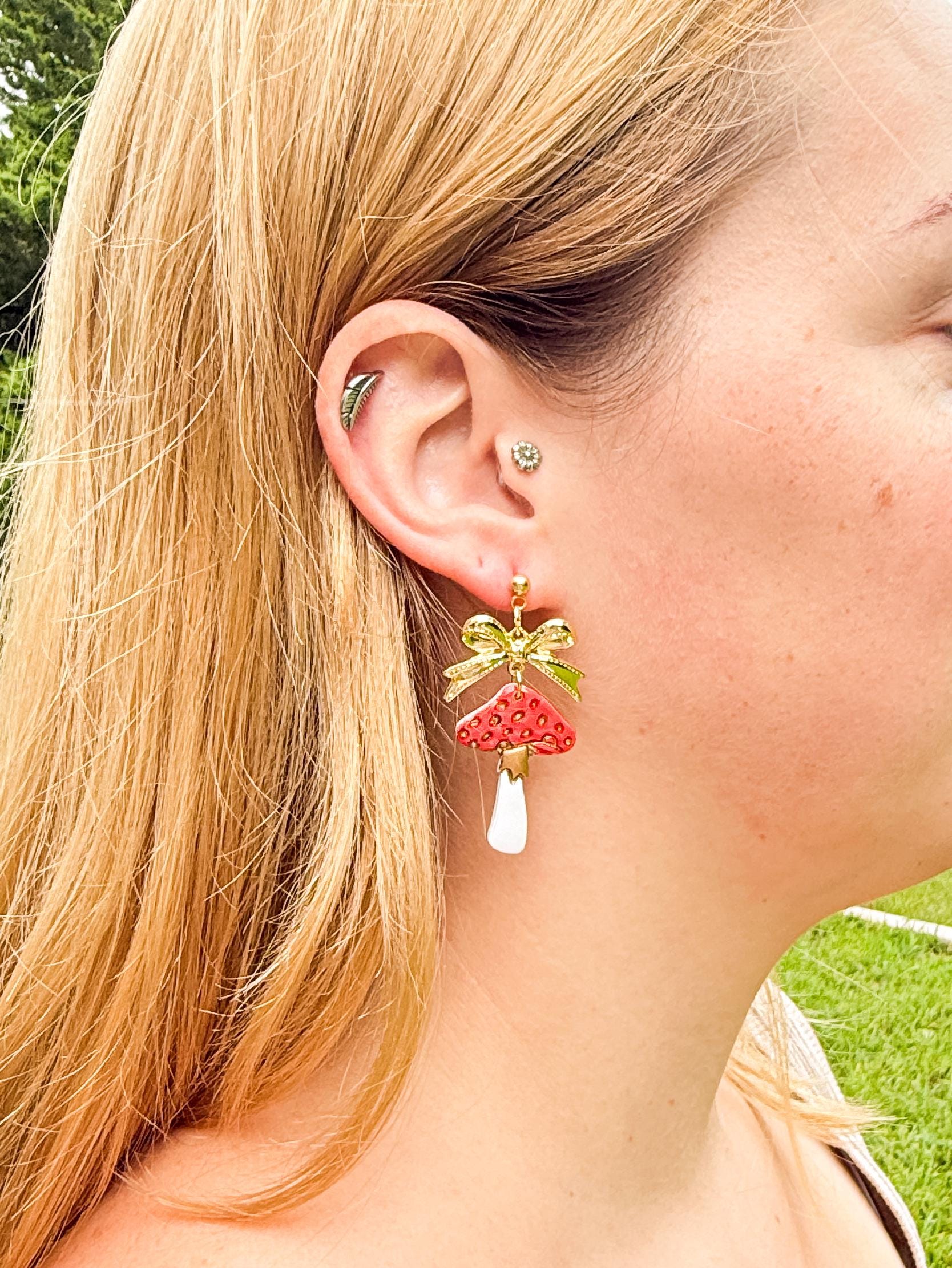 Mushroom Earrings, Whimsical Earrings — Red Toadstool Dangles with Gold Bows | Clay & Resin Fall Jewelry