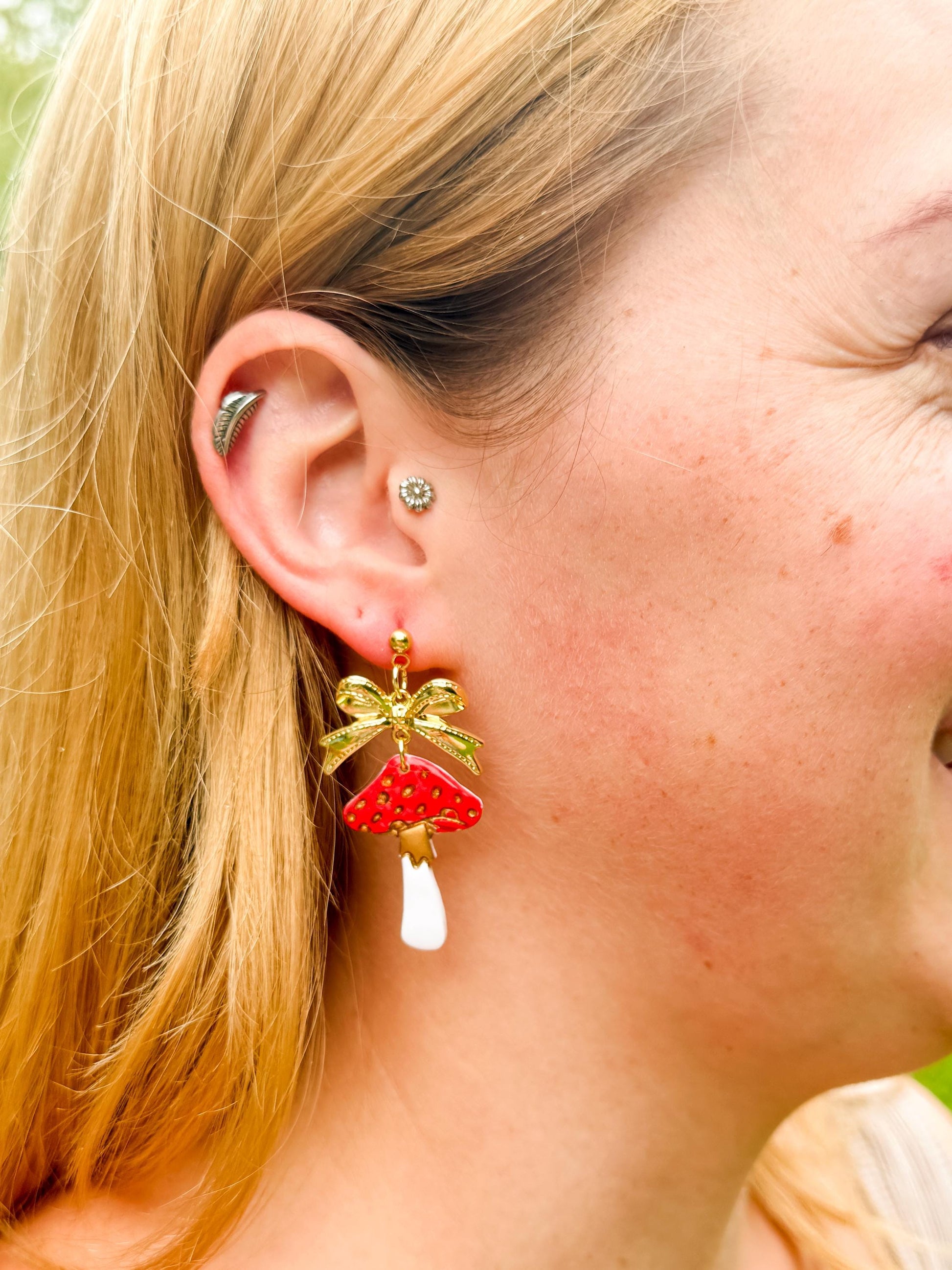 Mushroom Earrings, Whimsical Earrings — Red Toadstool Dangles with Gold Bows | Clay & Resin Fall Jewelry