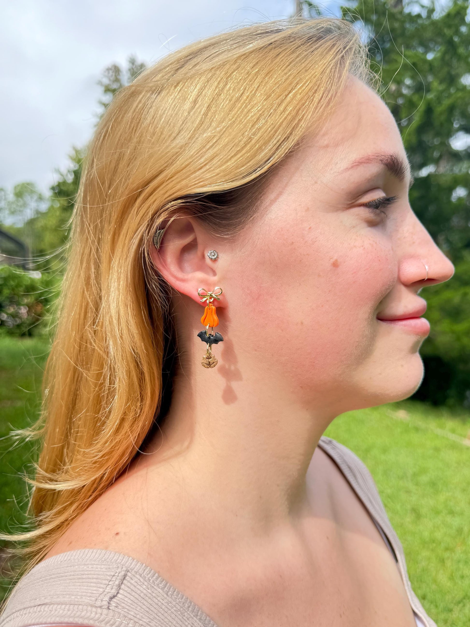 Pumpkin Bat Earrings • Clay & Glitter Dangles • Gold Bow Studs • Halloween Earrings • Spooky Cute Fall Jewelry • Autumn Party Gift
