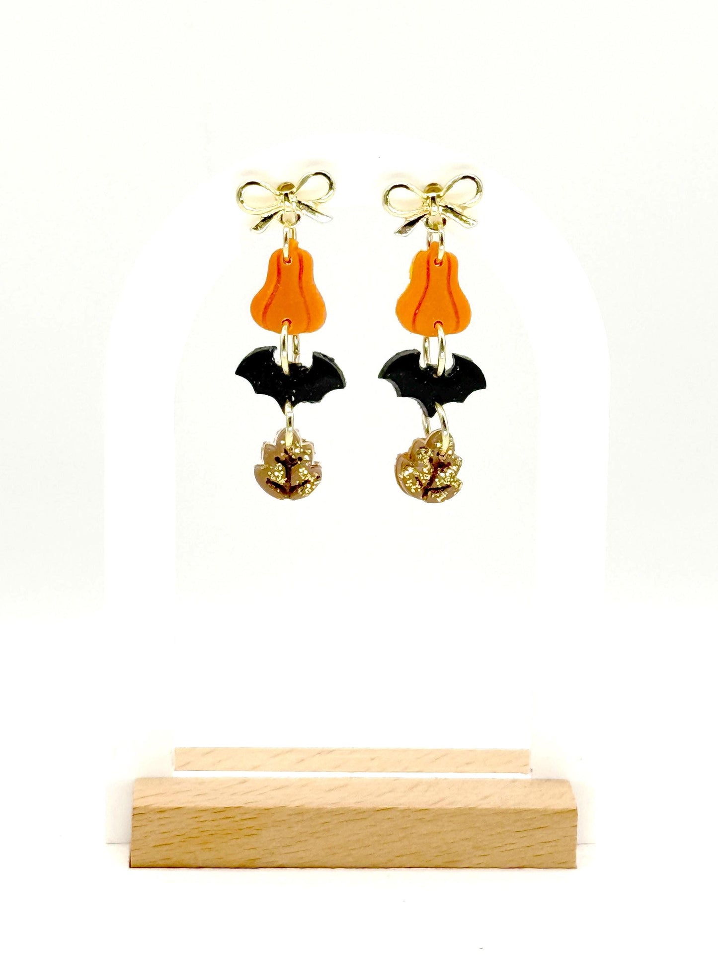 Pumpkin Bat Earrings • Clay & Glitter Dangles • Gold Bow Studs • Halloween Earrings • Spooky Cute Fall Jewelry • Autumn Party Gift