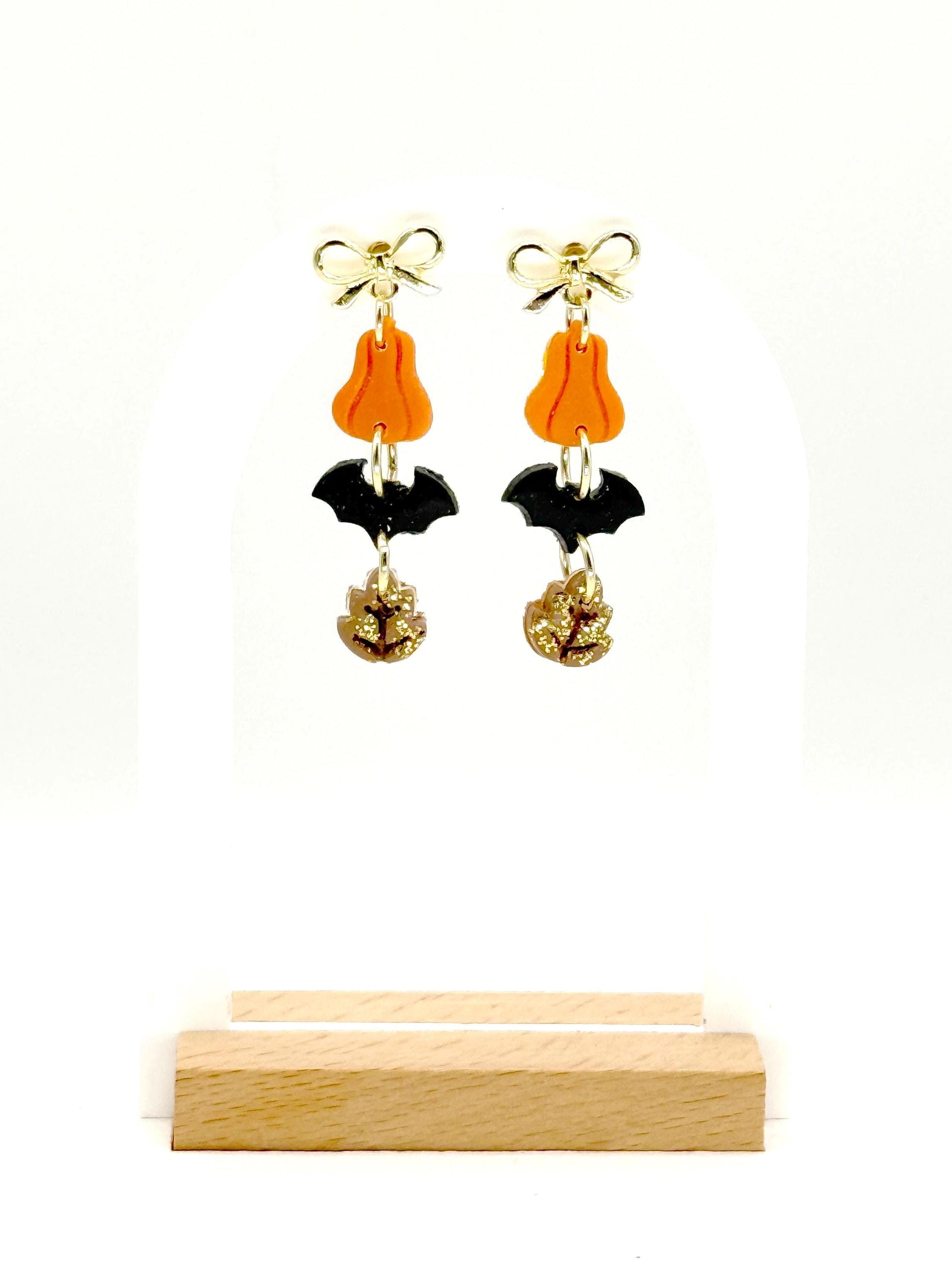 Pumpkin Bat Earrings • Clay & Glitter Dangles • Gold Bow Studs • Halloween Earrings • Spooky Cute Fall Jewelry • Autumn Party Gift