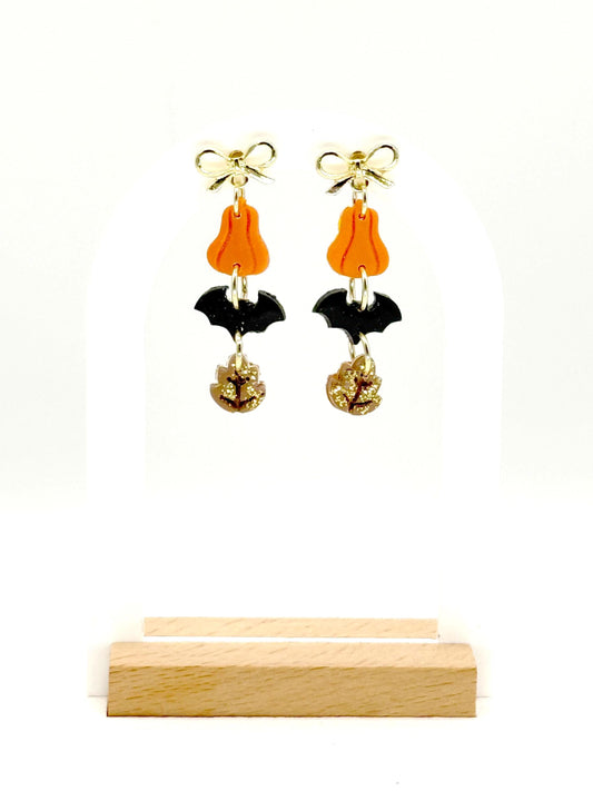 Pumpkin Bat Earrings • Clay & Glitter Dangles • Gold Bow Studs • Halloween Earrings • Spooky Cute Fall Jewelry • Autumn Party Gift