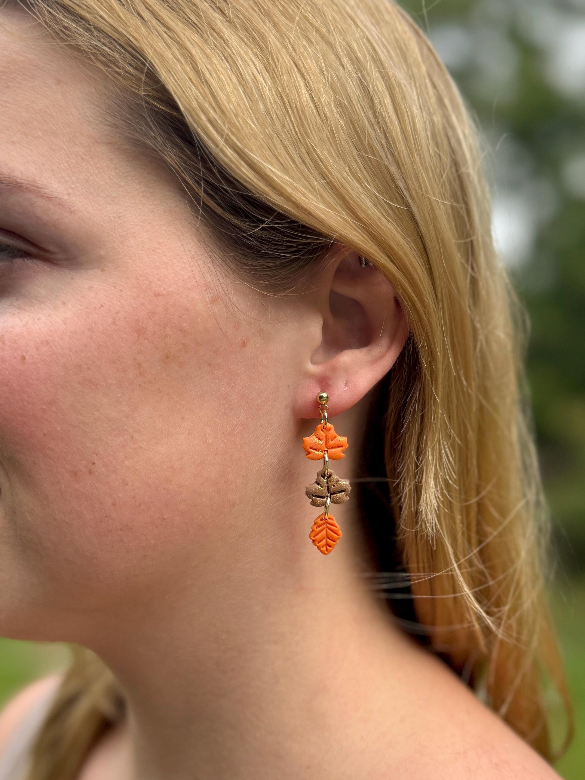 Polymer Clay Fall Leaf Earrings: Glittering Maple & Oak, Gold Posts