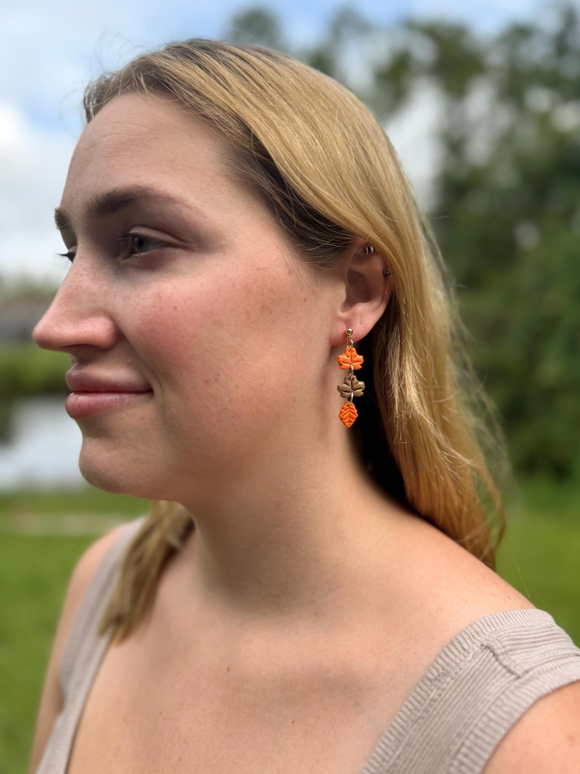 Polymer Clay Fall Leaf Earrings: Glittering Maple & Oak, Gold Posts
