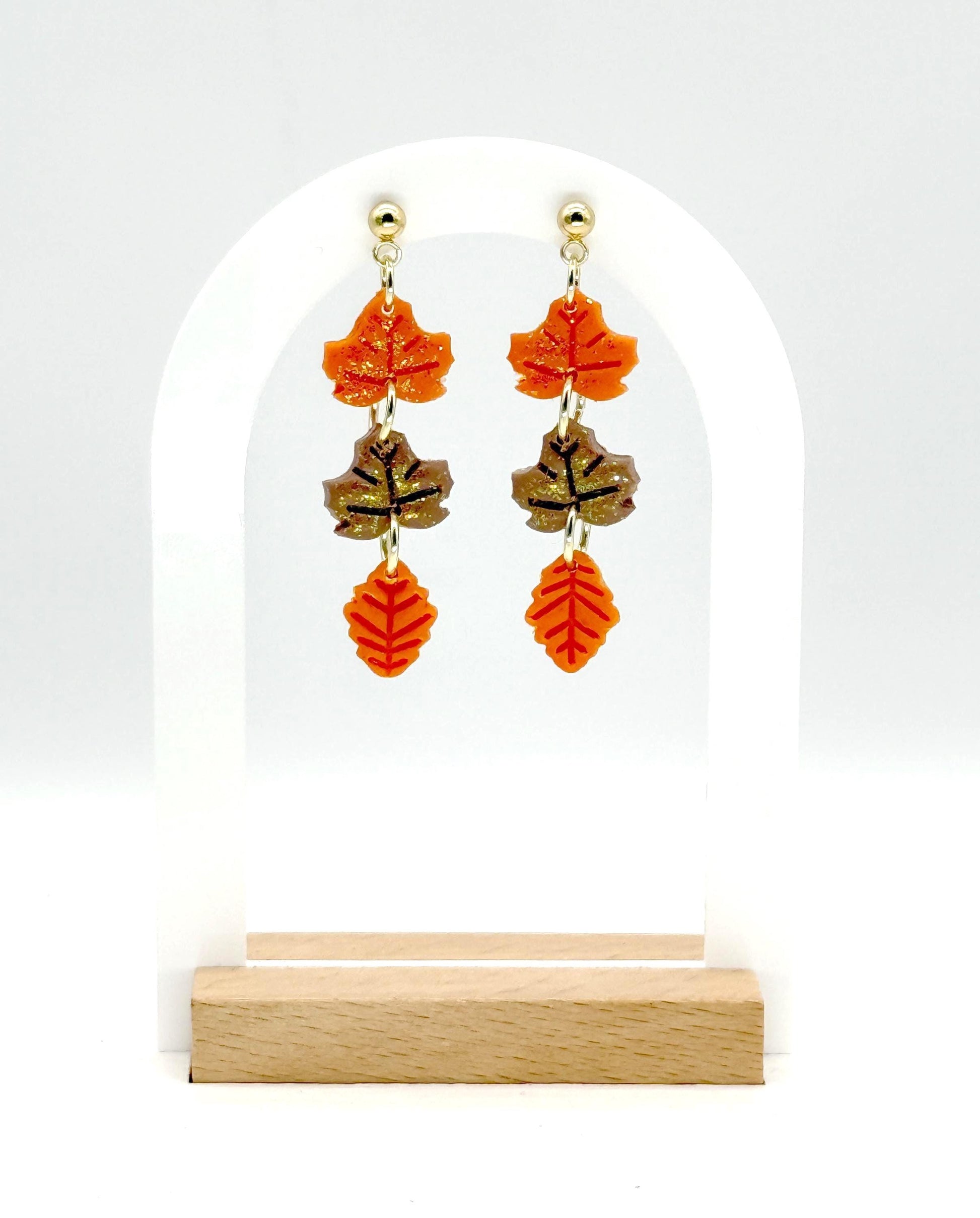 Polymer Clay Fall Leaf Earrings: Glittering Maple & Oak, Gold Posts