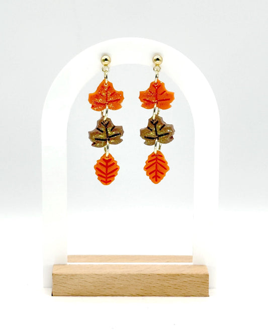 Polymer Clay Fall Leaf Earrings: Glittering Maple & Oak, Gold Posts