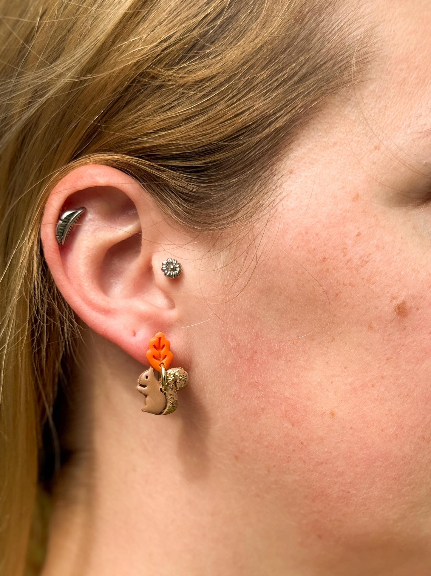 Woodland Squirrel Earrings: Glitter Tail, Leaf Studs, Polymer Clay