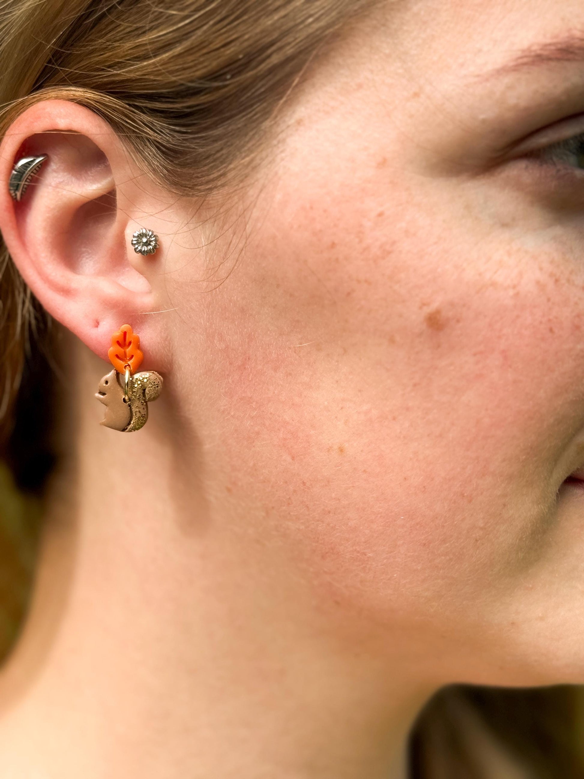 Woodland Squirrel Earrings: Glitter Tail, Leaf Studs, Polymer Clay