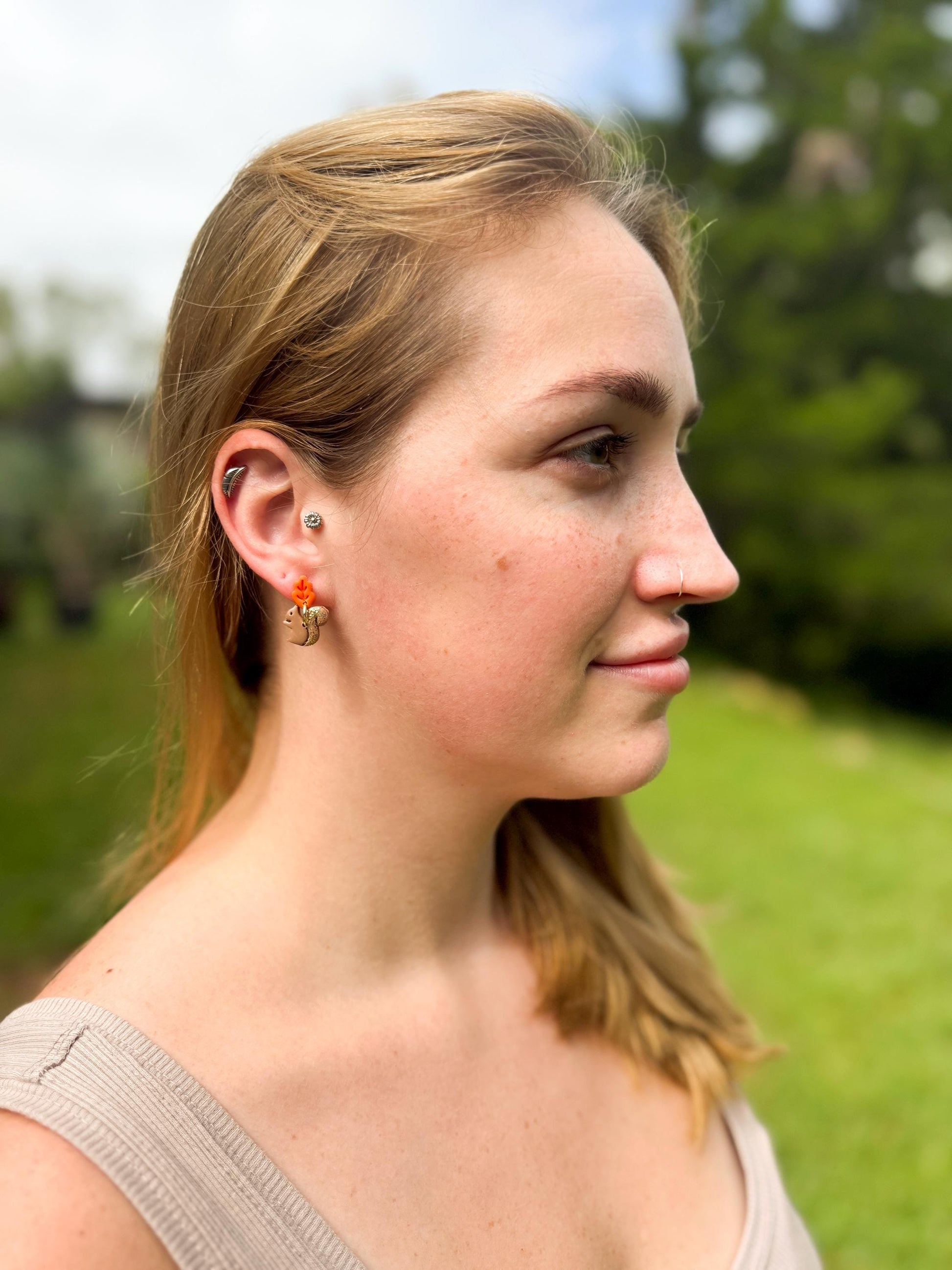 Woodland Squirrel Earrings: Glitter Tail, Leaf Studs, Polymer Clay