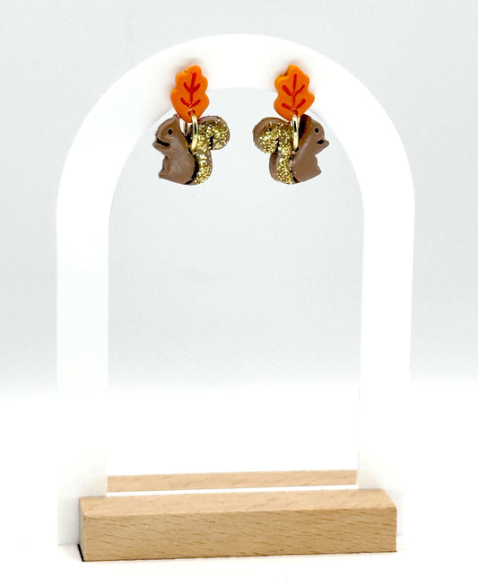 Woodland Squirrel Earrings: Glitter Tail, Leaf Studs, Polymer Clay