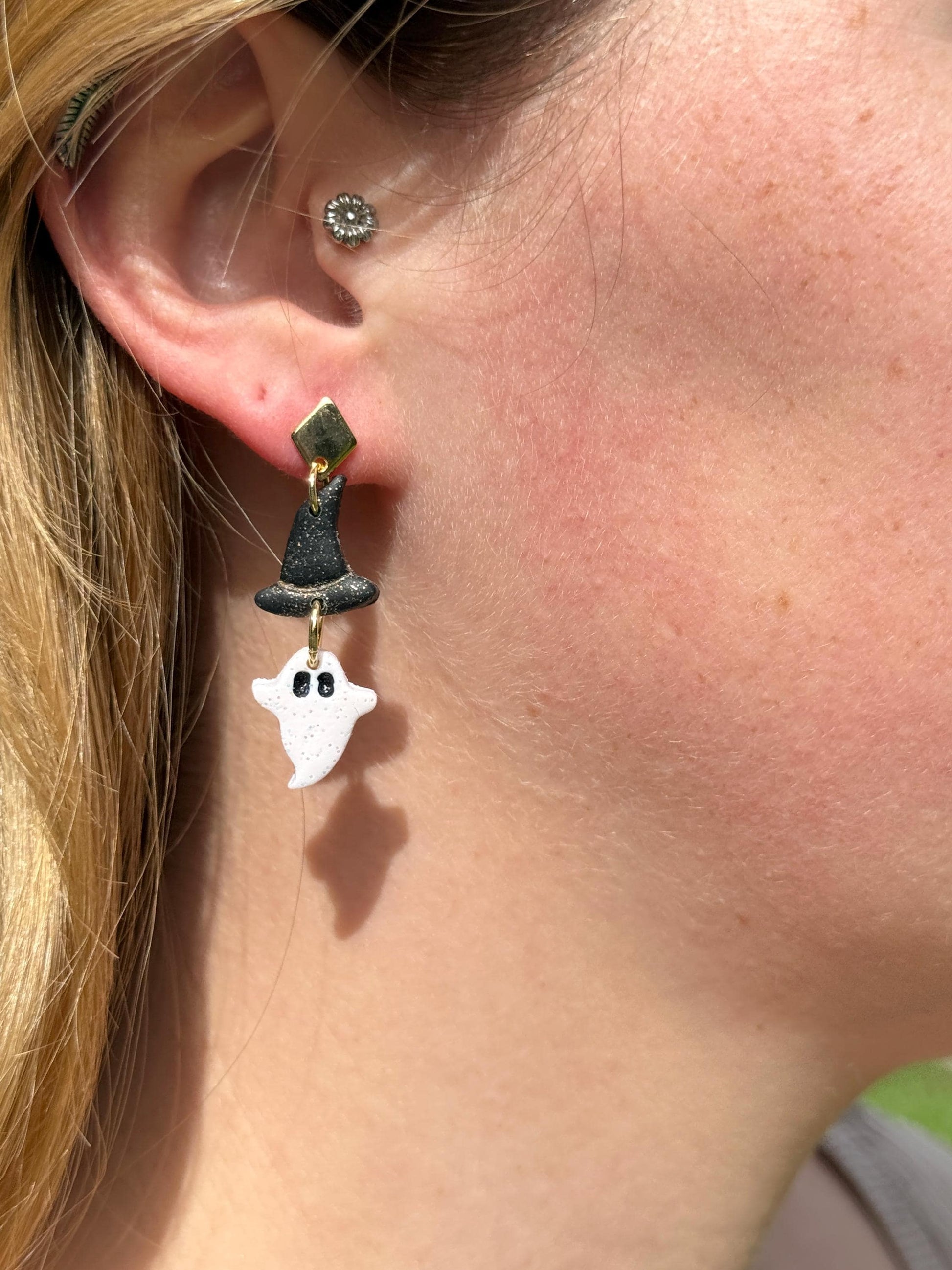 Ghost Witch Hat Earrings: Handmade Polymer Clay Halloween Dangles