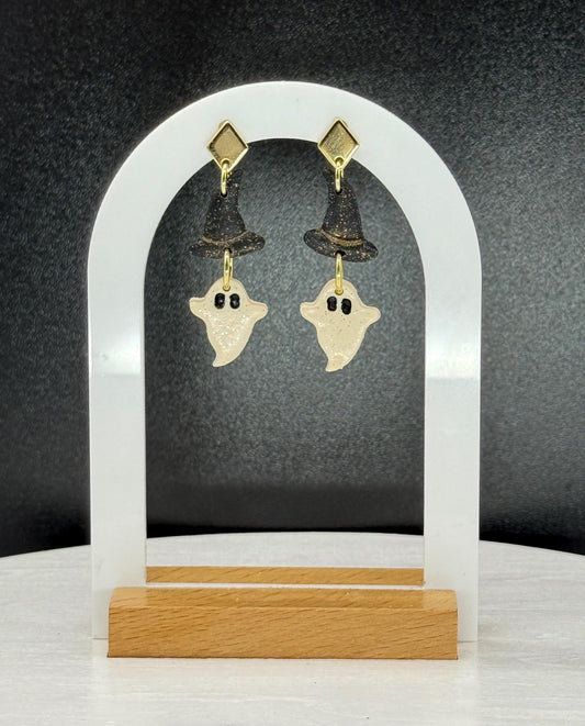 Ghost Witch Hat Earrings: Handmade Polymer Clay Halloween Dangles