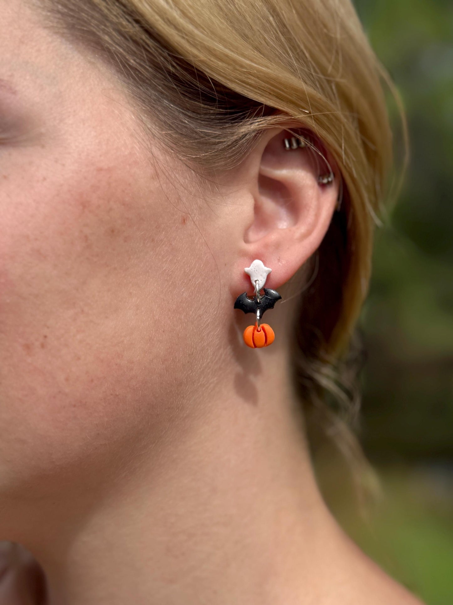 Ghost Bat Pumpkin Halloween Earrings: Polymer Clay Spooky Jewelry