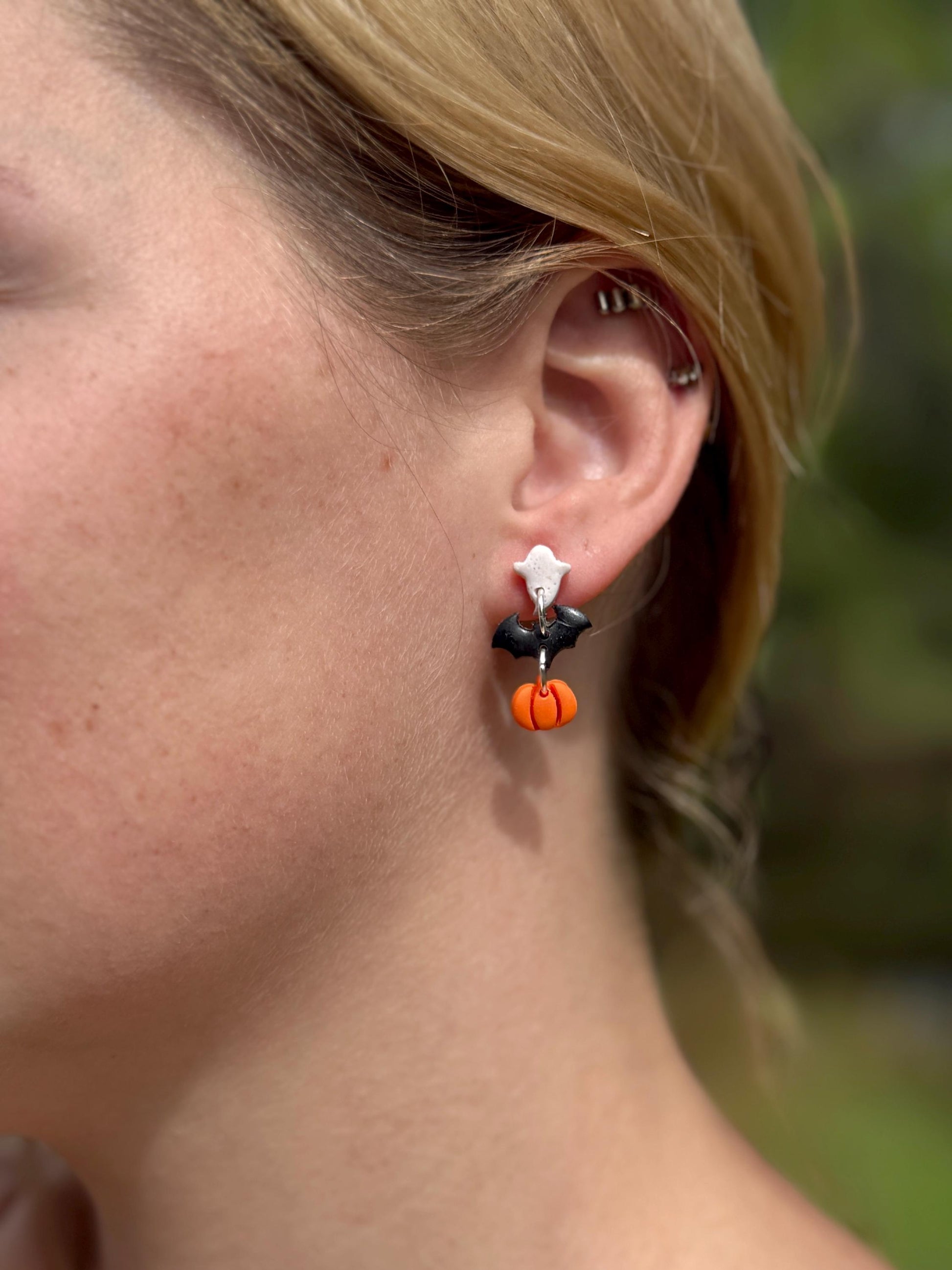 Ghost Bat Pumpkin Halloween Earrings: Polymer Clay Spooky Jewelry