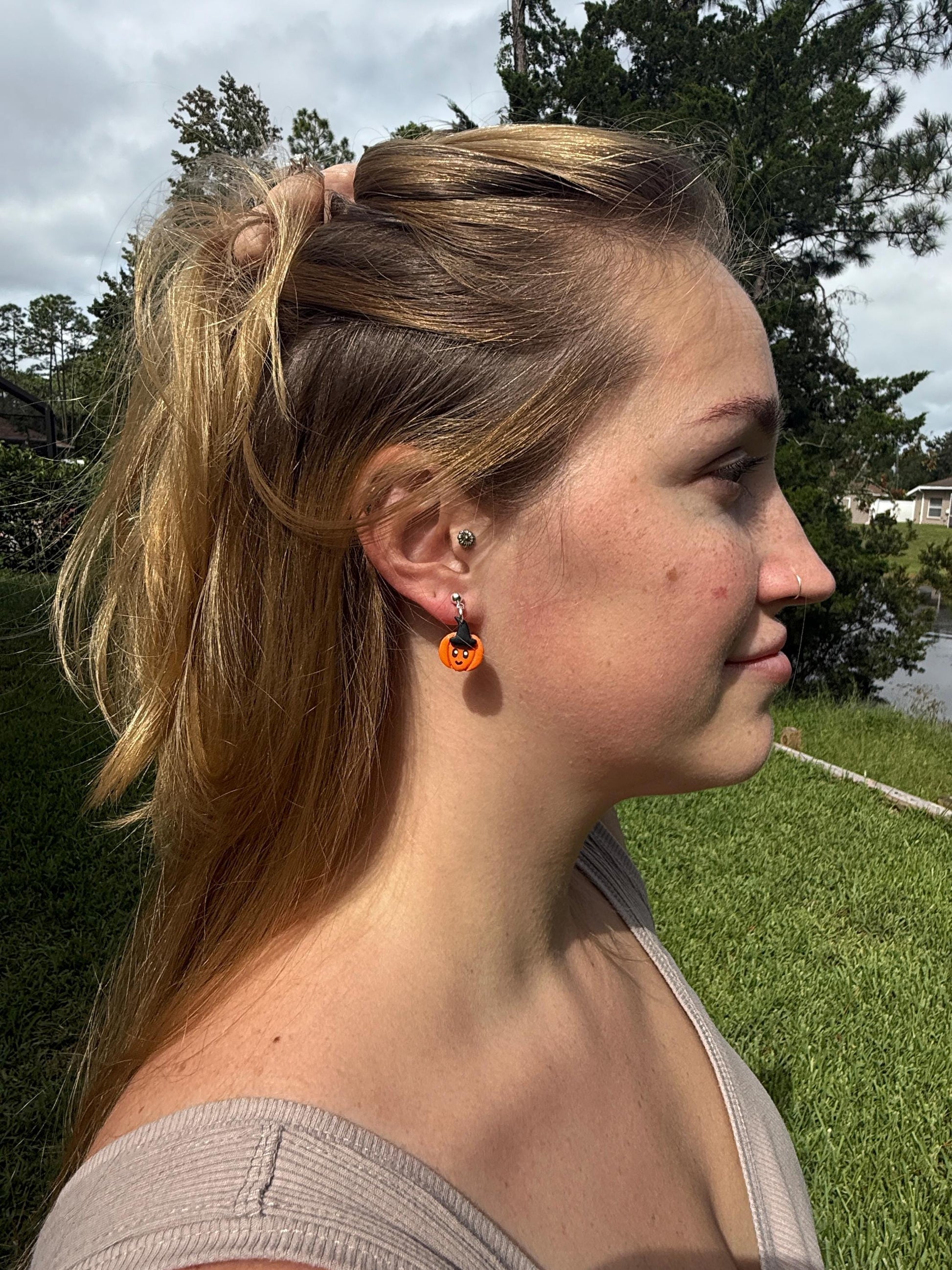 Kawaii Pumpkin Witch Earrings: Polymer Clay Dangles, Nickel-Free