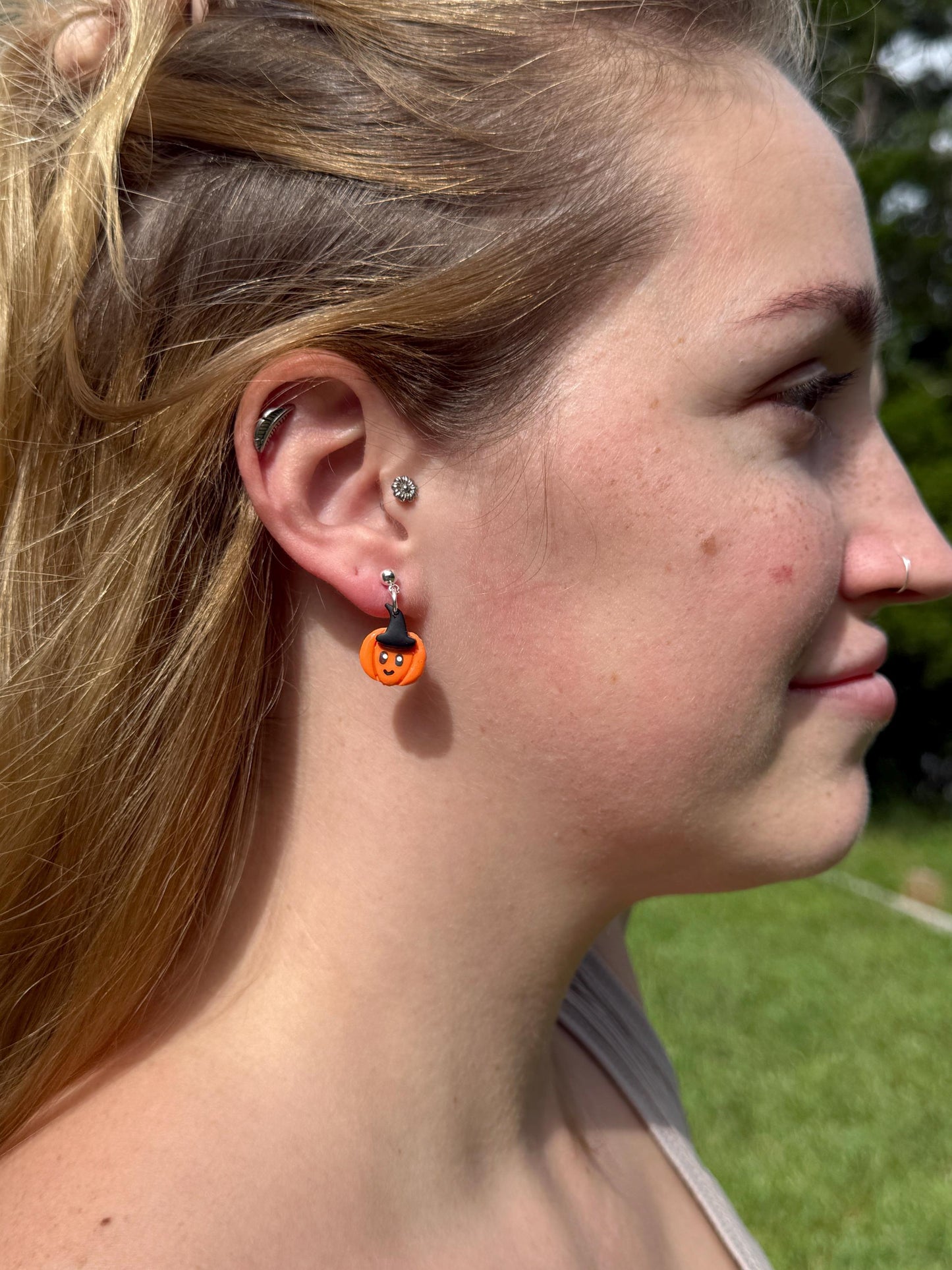 Kawaii Pumpkin Witch Earrings: Polymer Clay Dangles, Nickel-Free