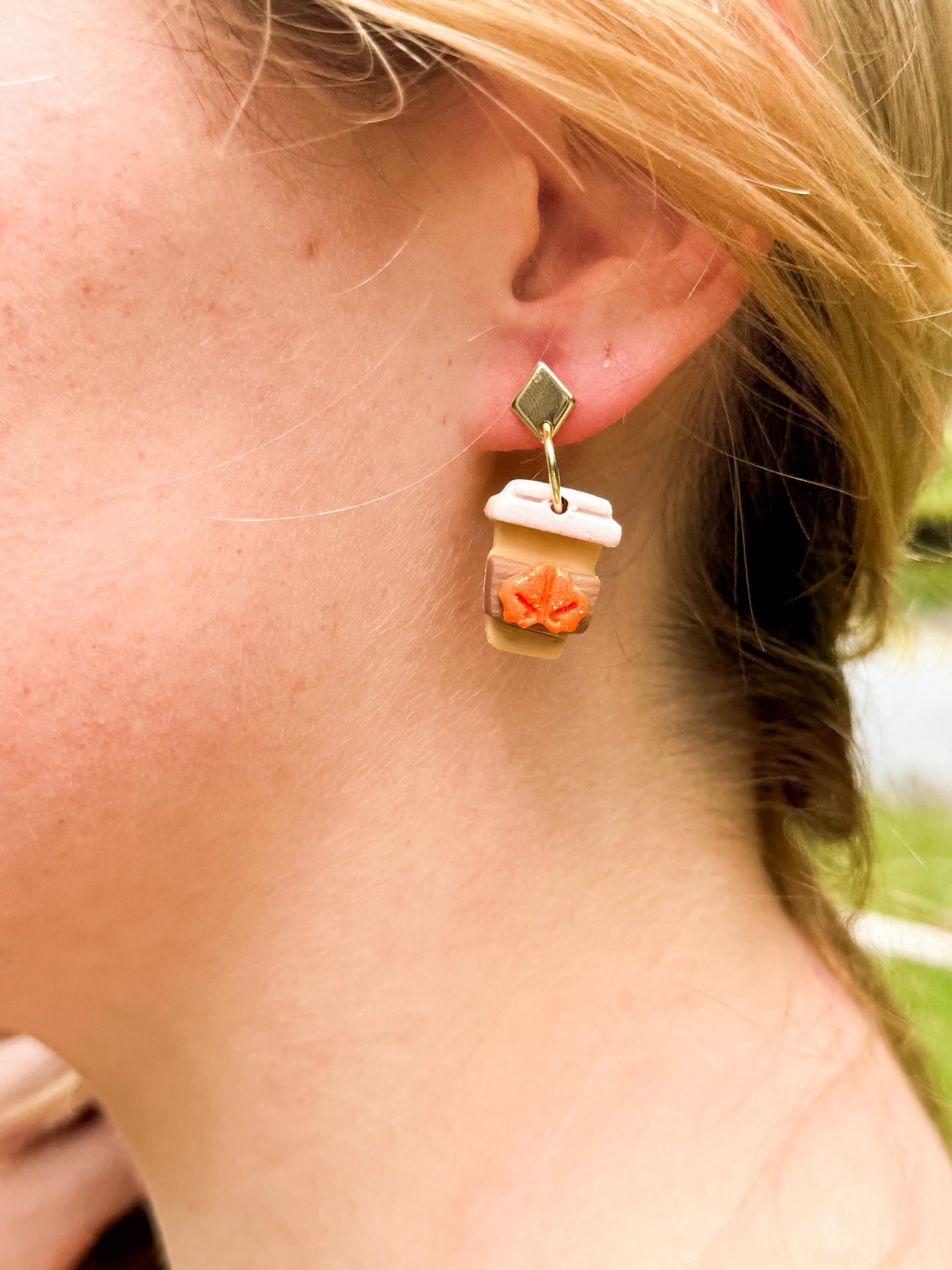 Pumpkin Spice Latte Earrings – Polymer Clay Coffee Dangles, Fall Glitter, Mismatched