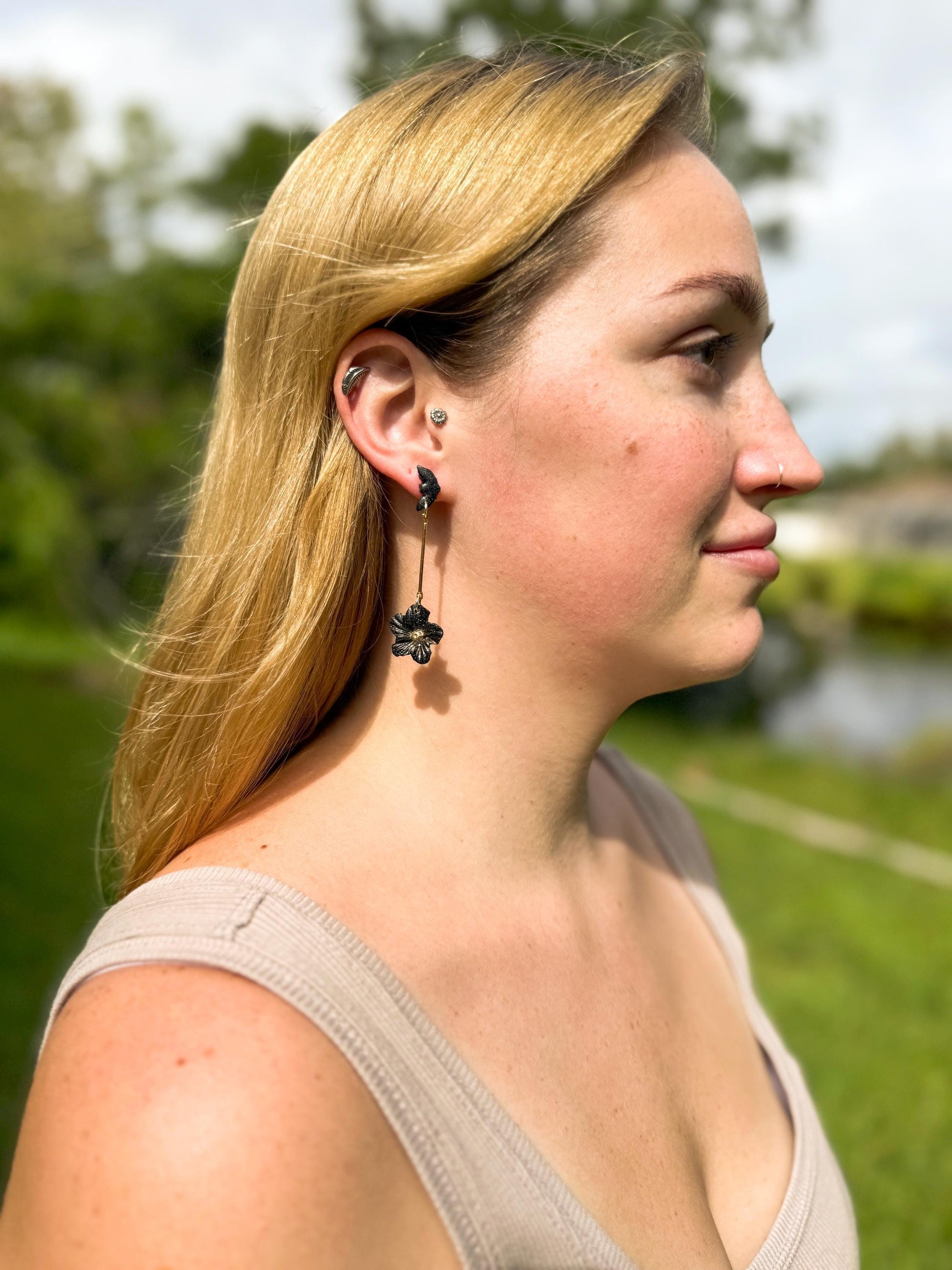 Black Bat & Flower Dangle Earrings: Handmade Polymer Clay Gothic Jewelry