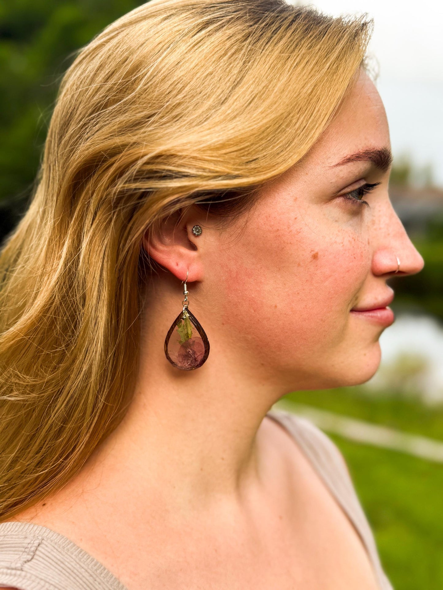 Birth Flower Earrings, Floral Resin Earrings | Rustic Wood Teardrop Dangles with Real Pressed Flowers