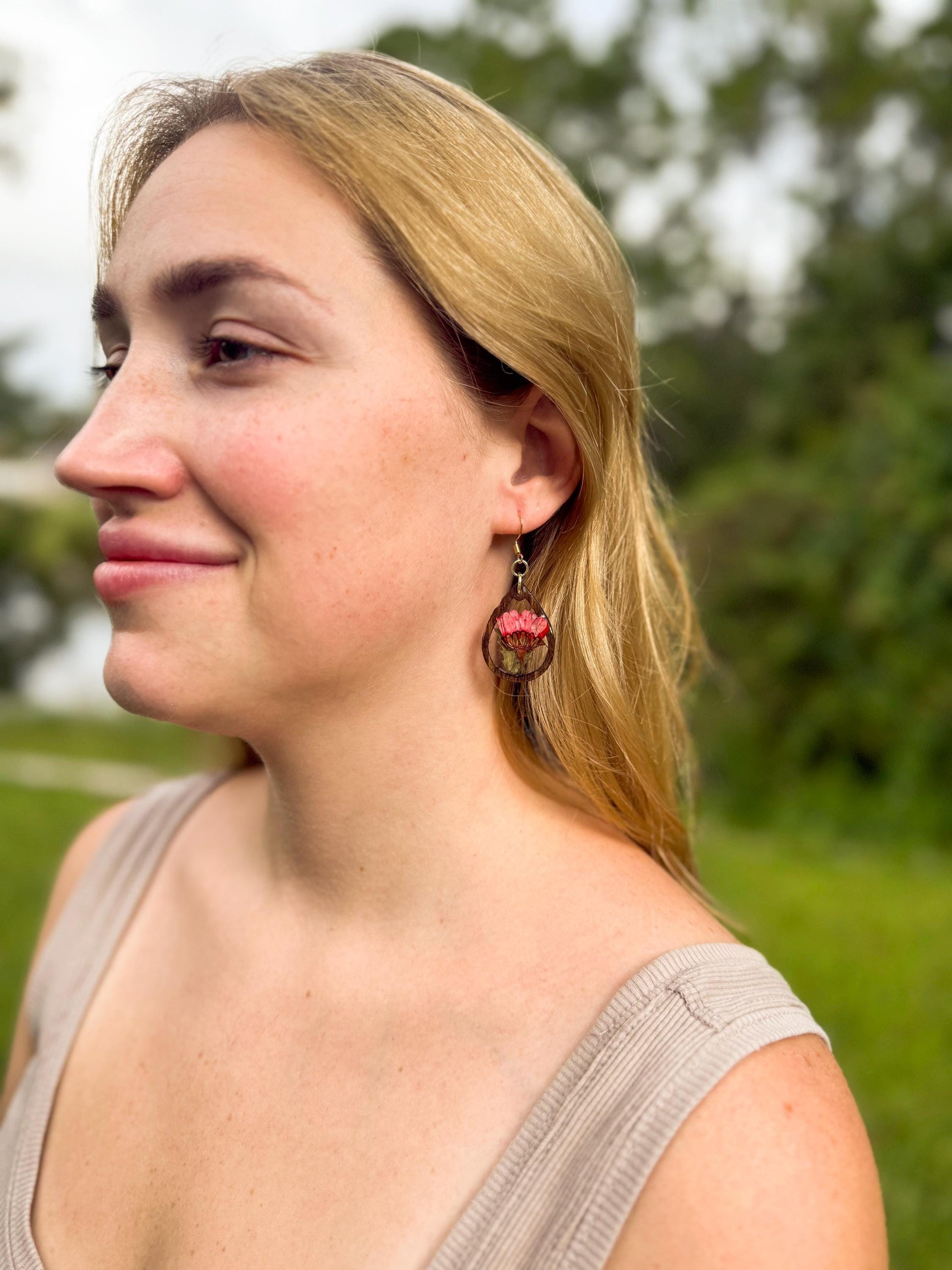 Birth Flower Earrings, Floral Resin Earrings | Rustic Wood Teardrop Dangles with Real Pressed Flowers