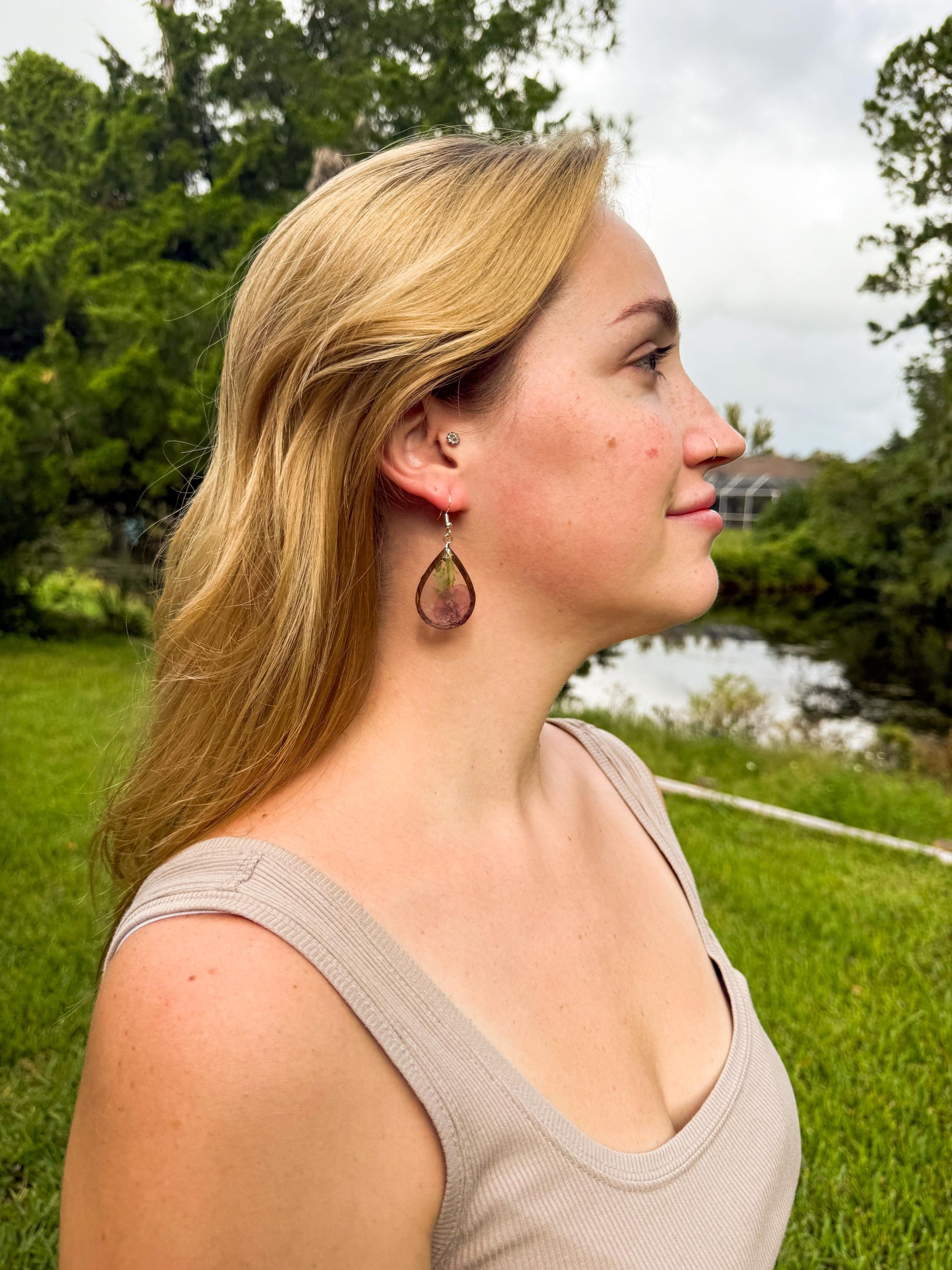 Birth Flower Earrings, Floral Resin Earrings | Rustic Wood Teardrop Dangles with Real Pressed Flowers