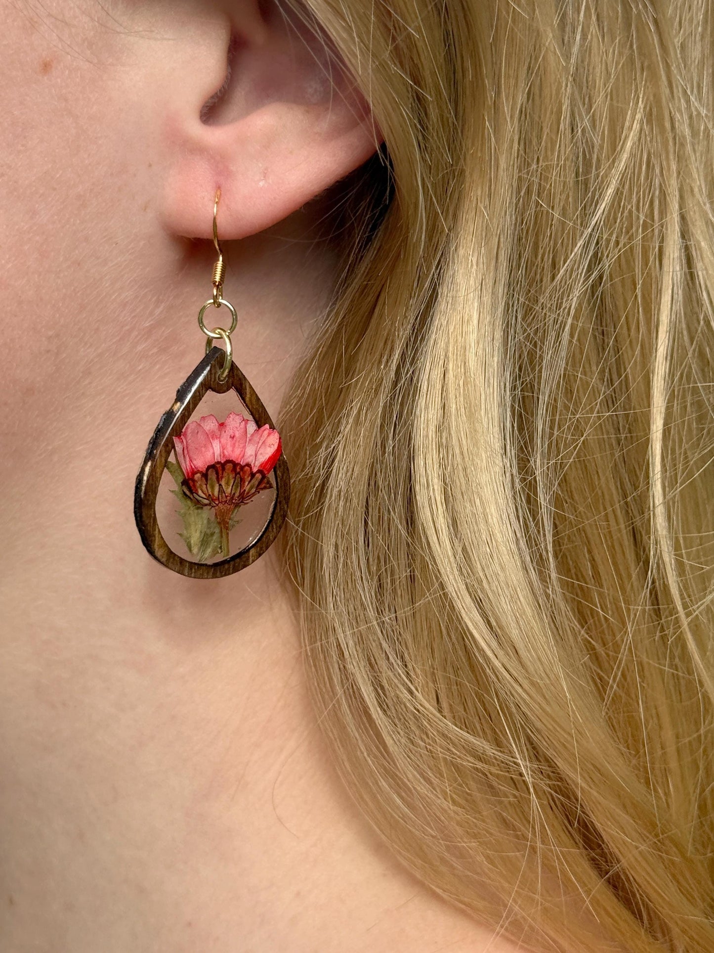 Birth Flower Earrings, Floral Resin Earrings | Rustic Wood Teardrop Dangles with Real Pressed Flowers