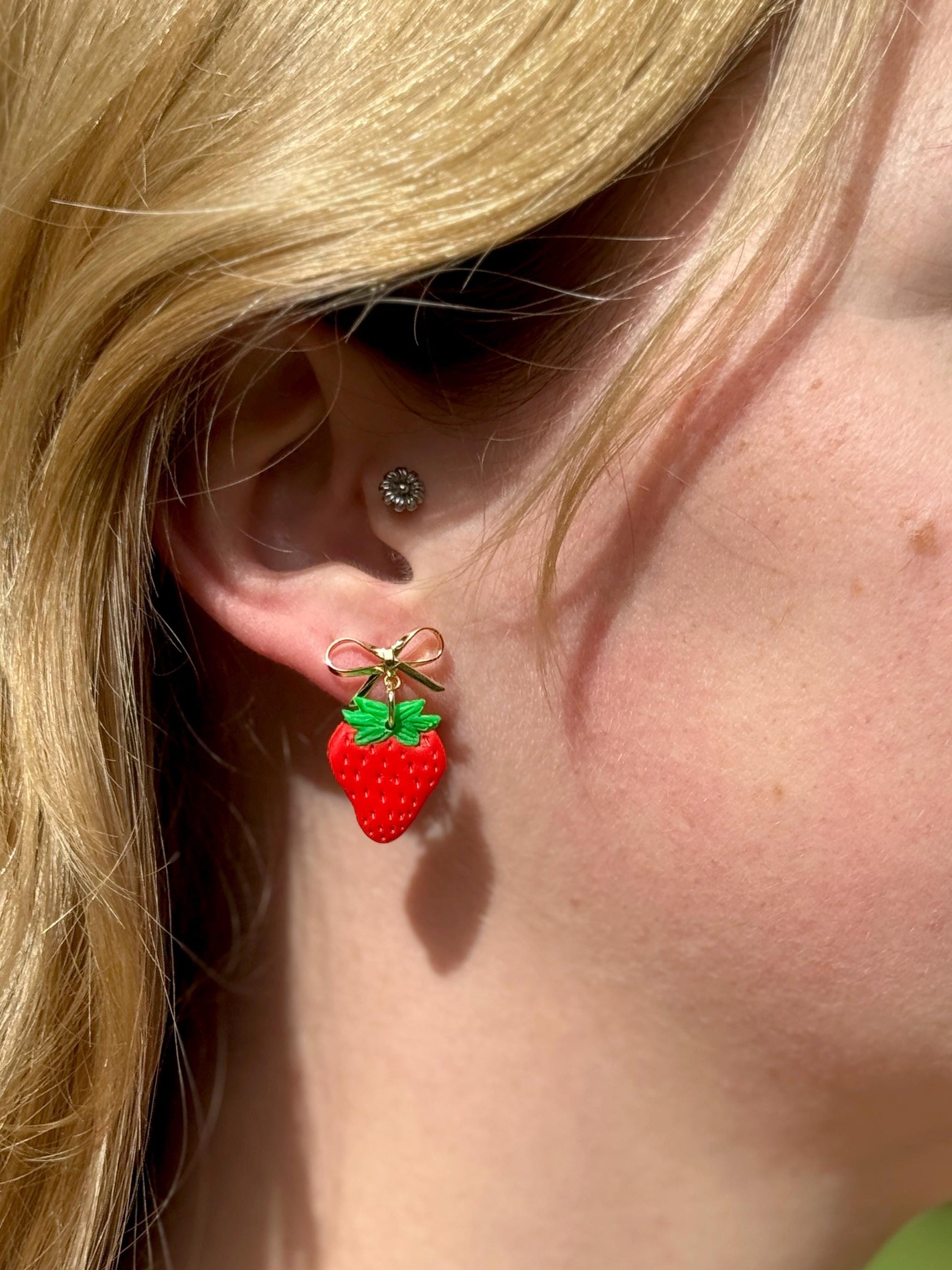 Strawberry Earrings: Handmade Polymer Clay Berry Dangles with Gold Bows