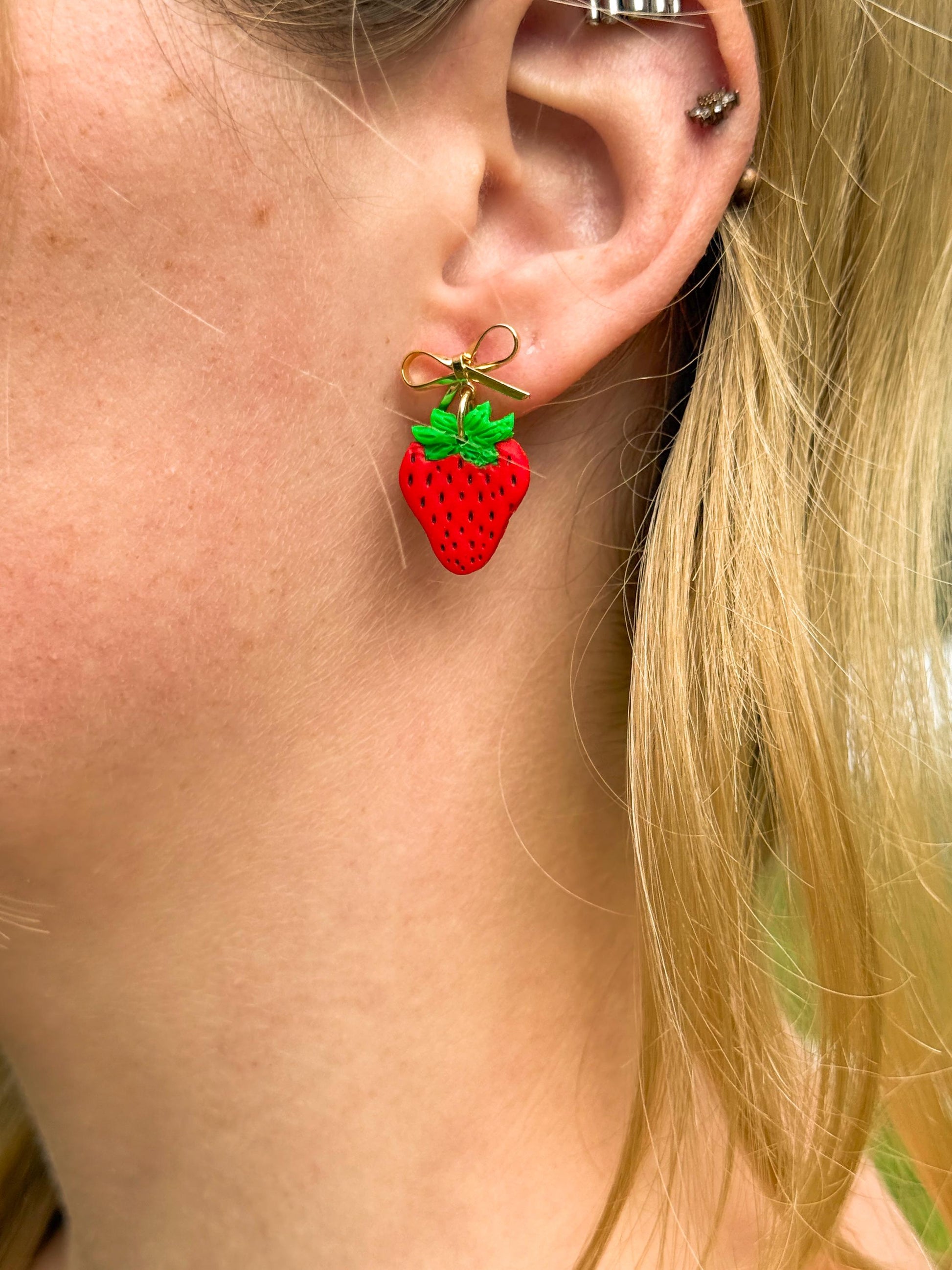 Strawberry Earrings: Handmade Polymer Clay Berry Dangles with Gold Bows