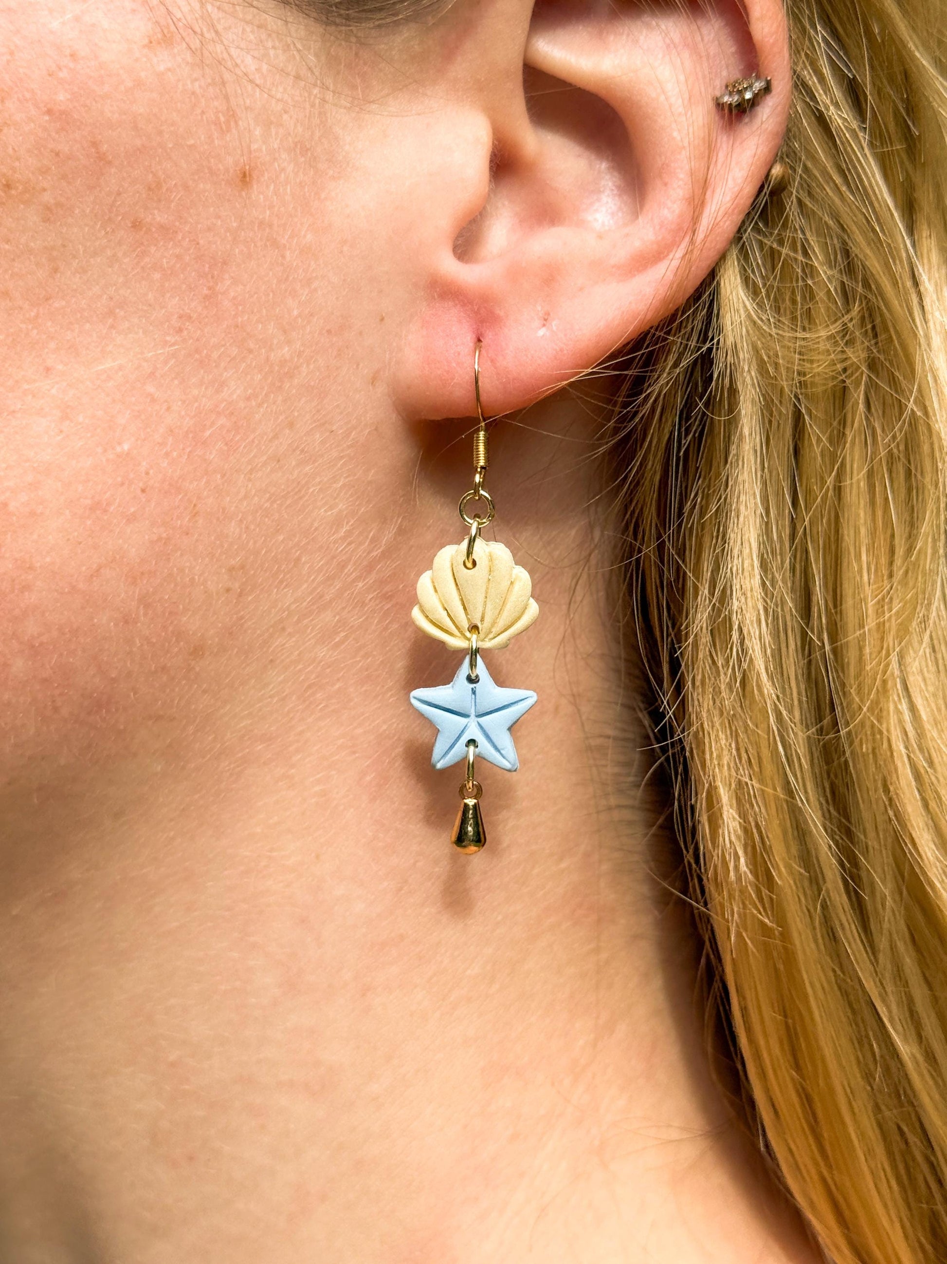 Polymer Clay Seashell Starfish Earrings: Handmade Gold Dangle Beach Jewelry