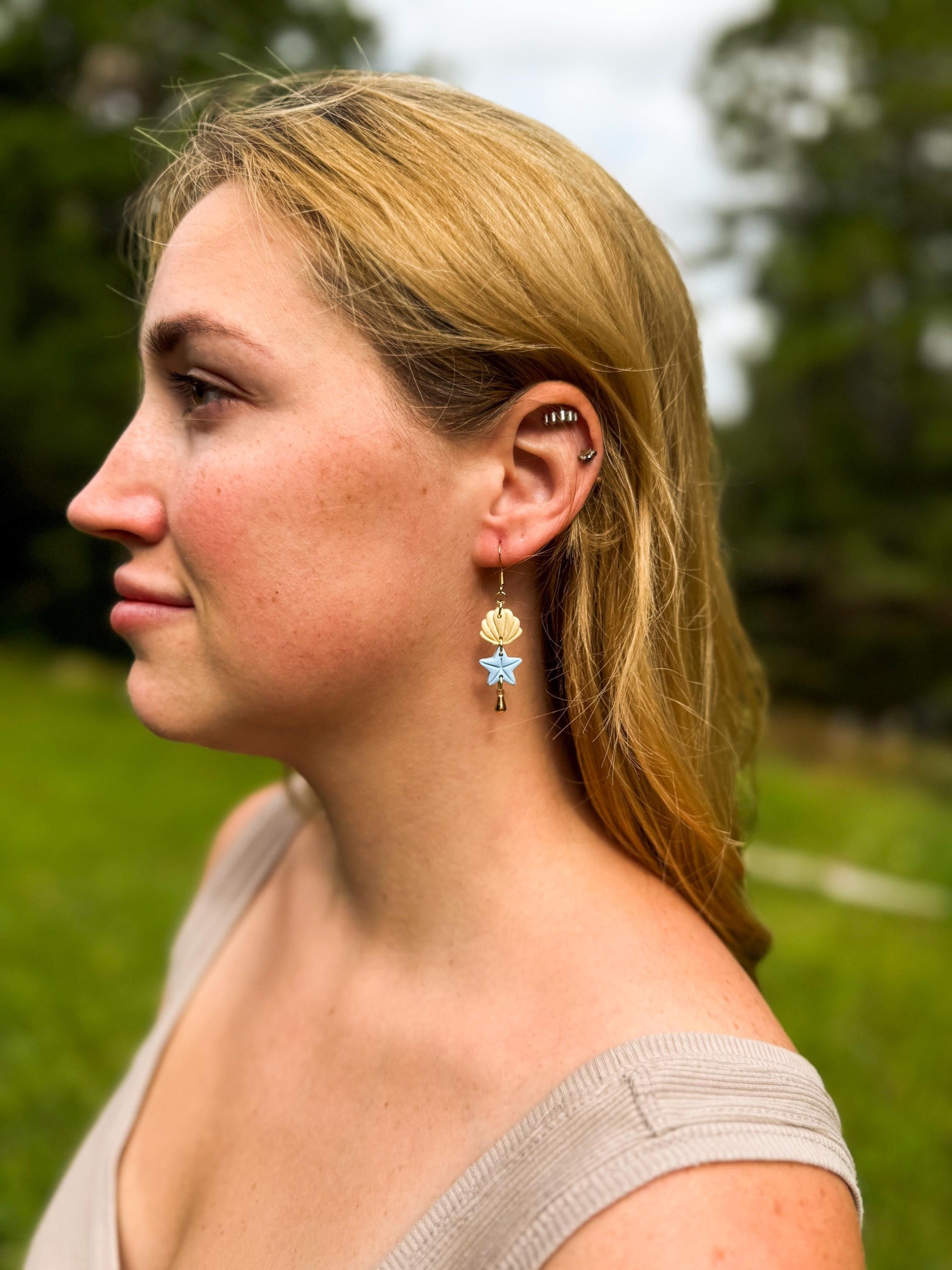 Polymer Clay Seashell Starfish Earrings: Handmade Gold Dangle Beach Jewelry