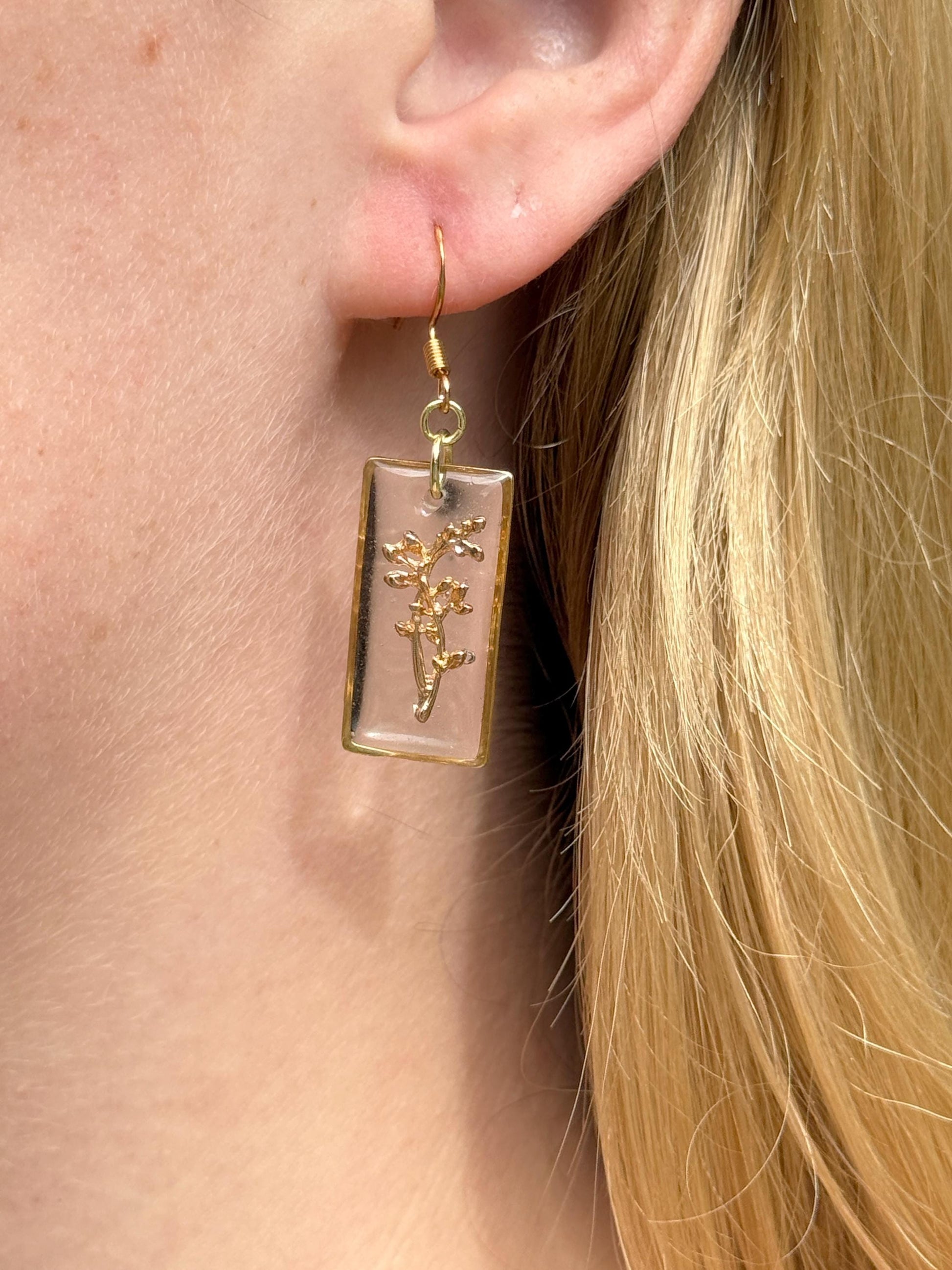 Whimsical earrings, birth flower earrings – Resin-Framed Gold Blossom Drops • Custom Month
