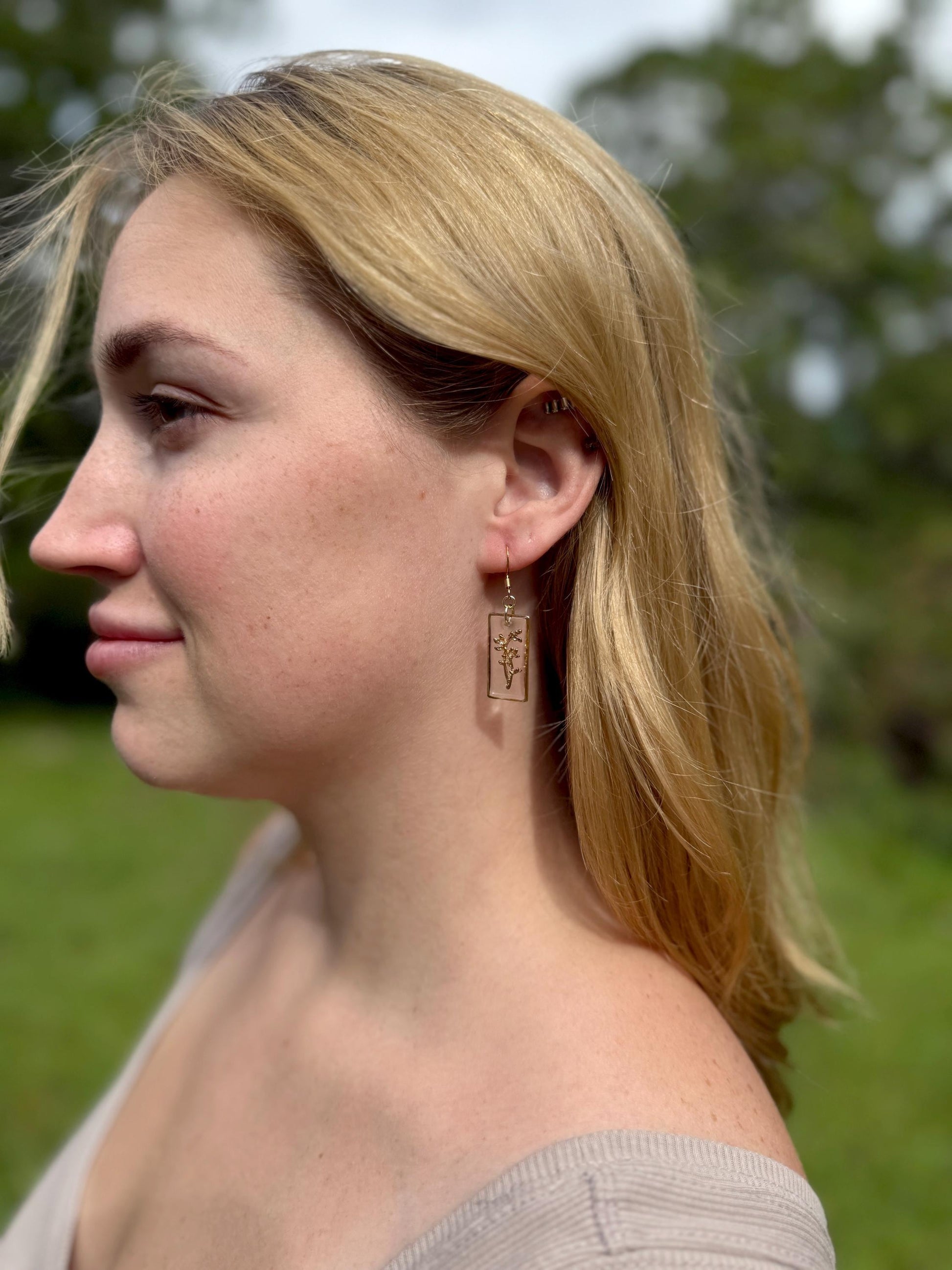 Whimsical earrings, birth flower earrings – Resin-Framed Gold Blossom Drops • Custom Month