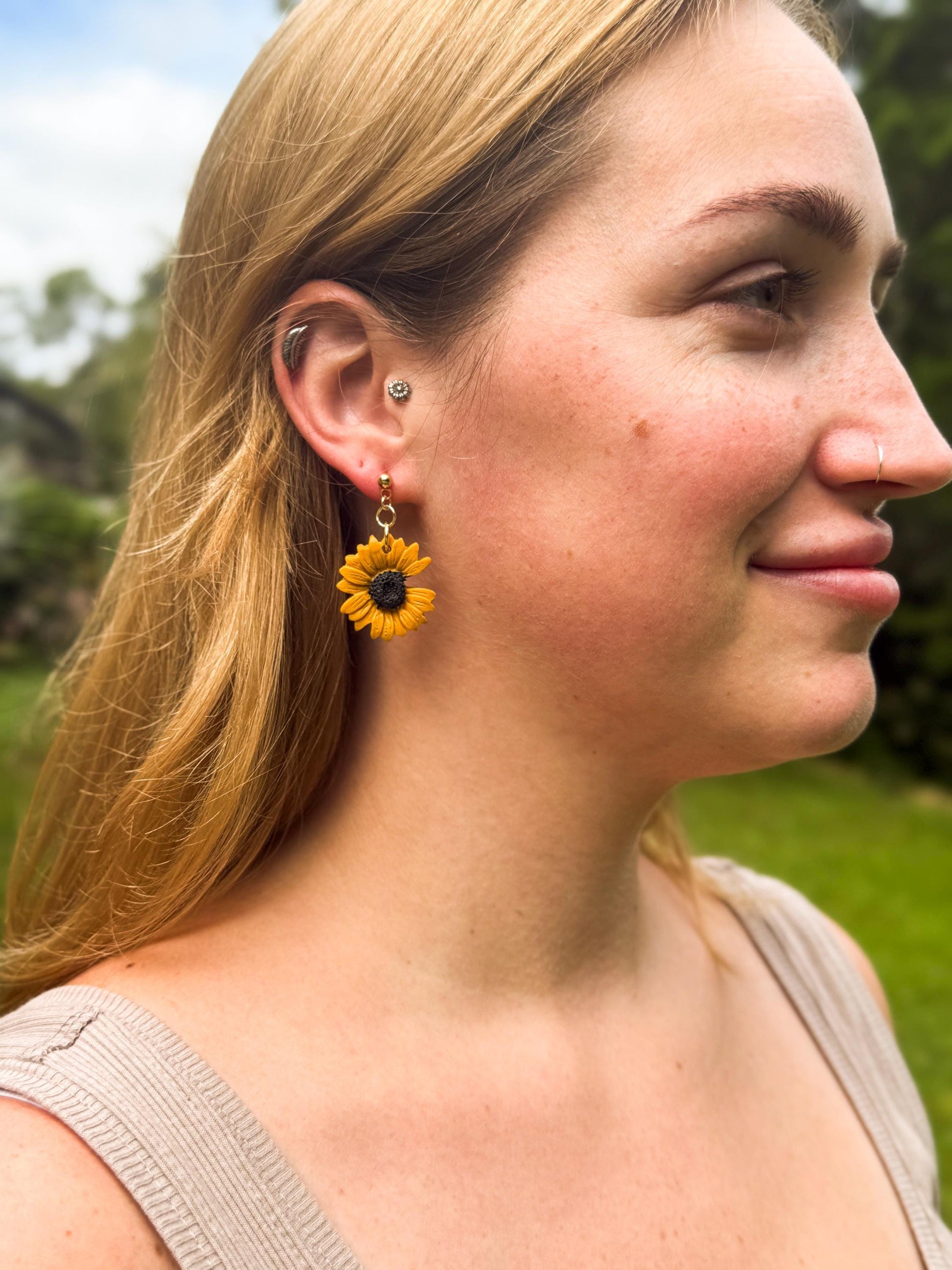 Polymer Clay Sunflower Earrings: 14k Gold Plated Posts