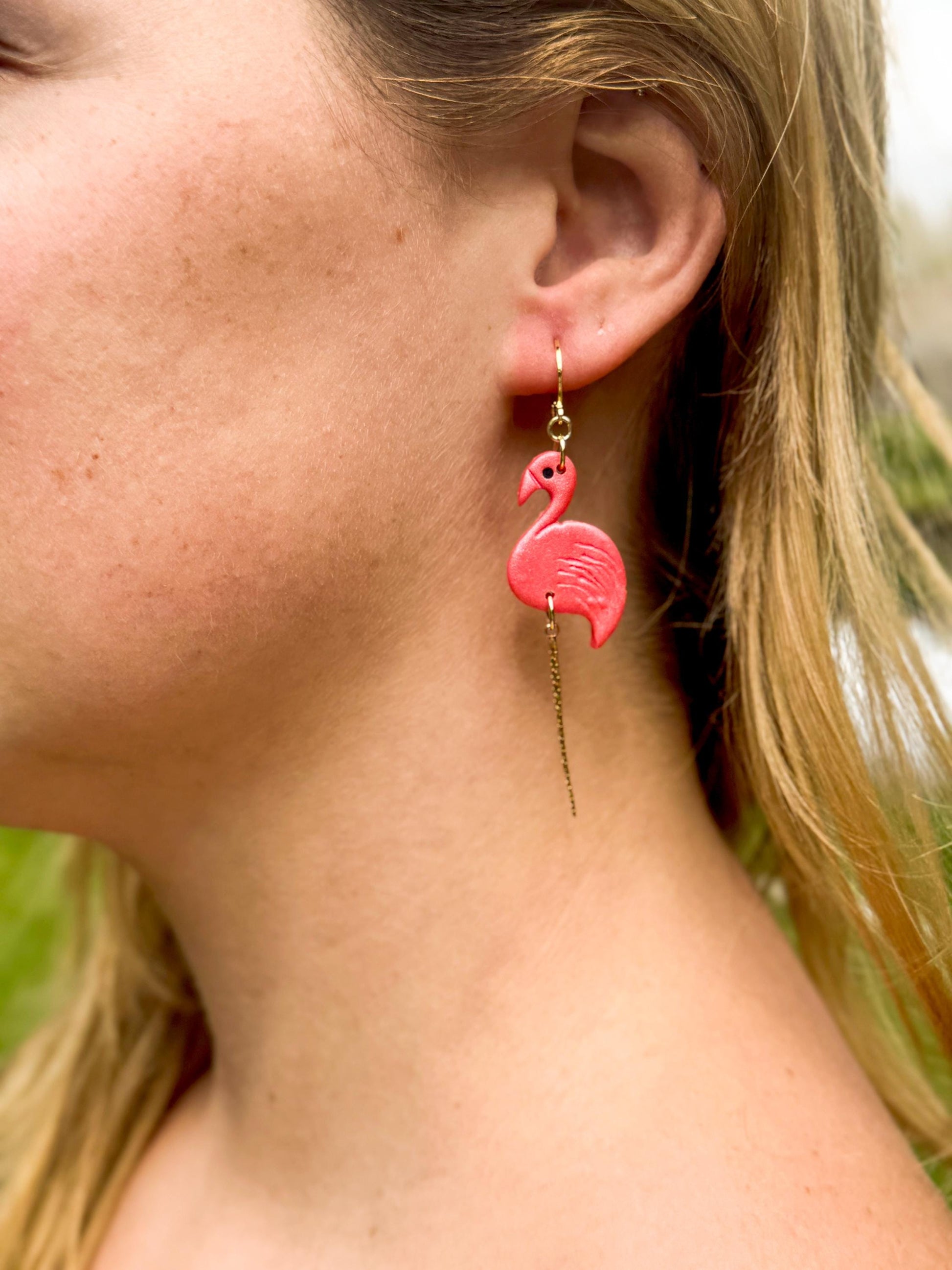 Flamingo Earrings: Pearlescent Pink Polymer Clay Dangles with 14K Gold-Plated Legs