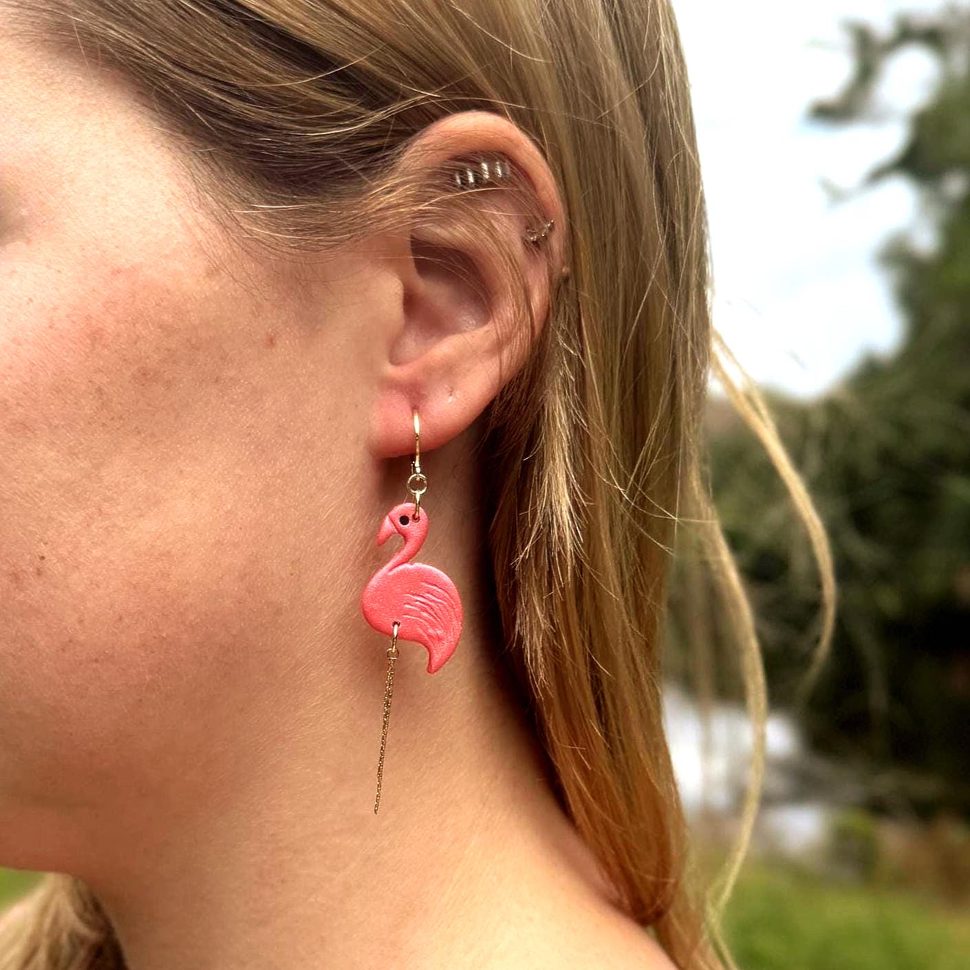 Flamingo Earrings: Pearlescent Pink Polymer Clay Dangles with 14K Gold-Plated Legs