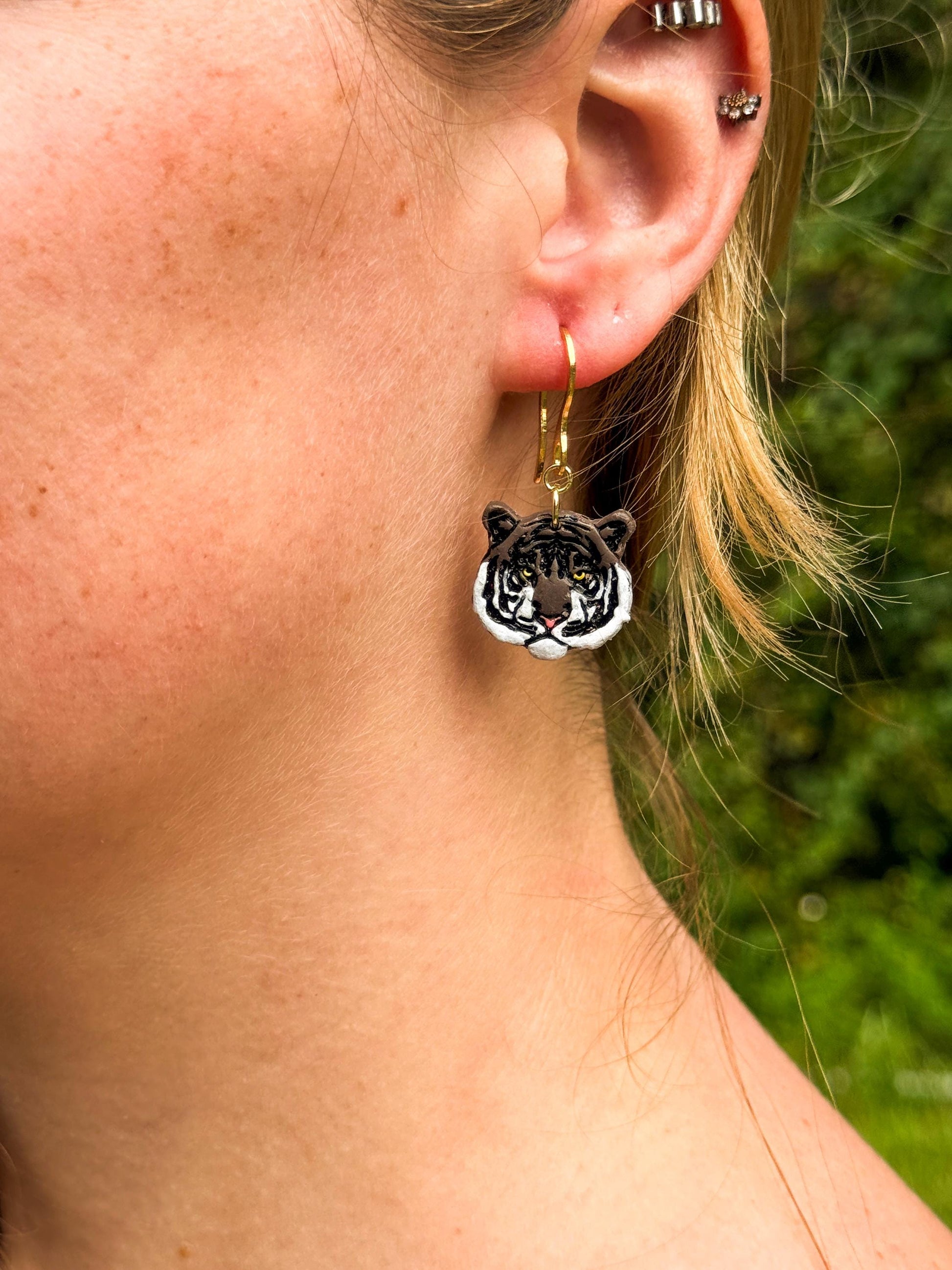 Hand-Painted Polymer Clay Tiger Earrings: Wildcat Animal Lover Dangles